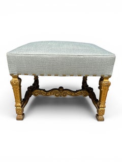 Pair of 19th Century Italian Carved Giltwood Ottomans Newly Upholstered in Linen