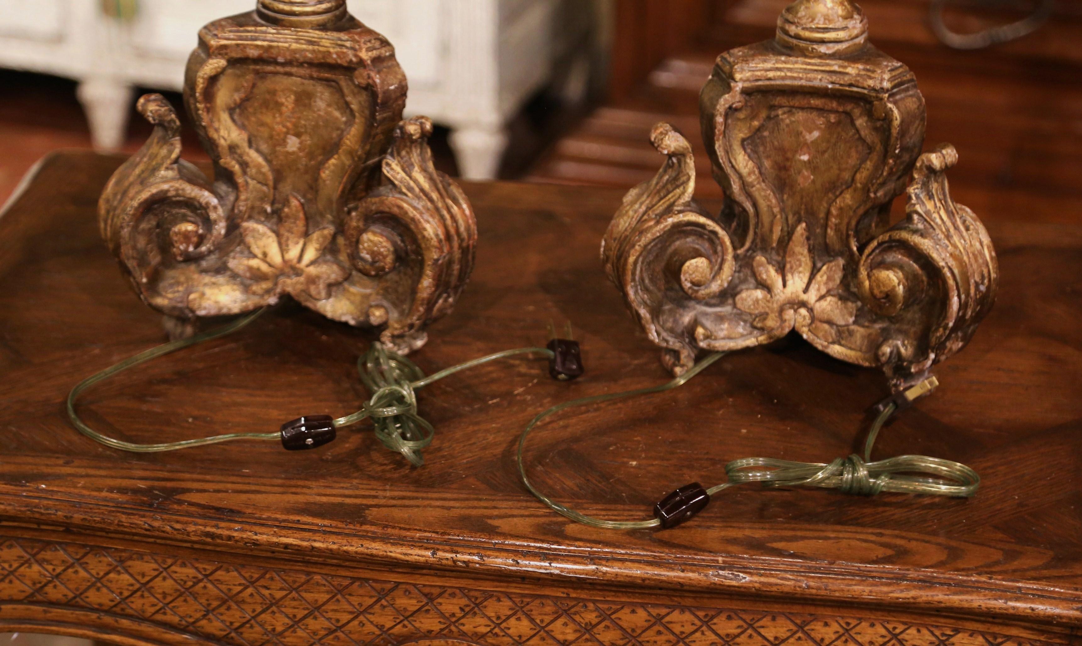 Pair of 19th Century Italian Carved Giltwood Painted Candlestick Table Lamps 6