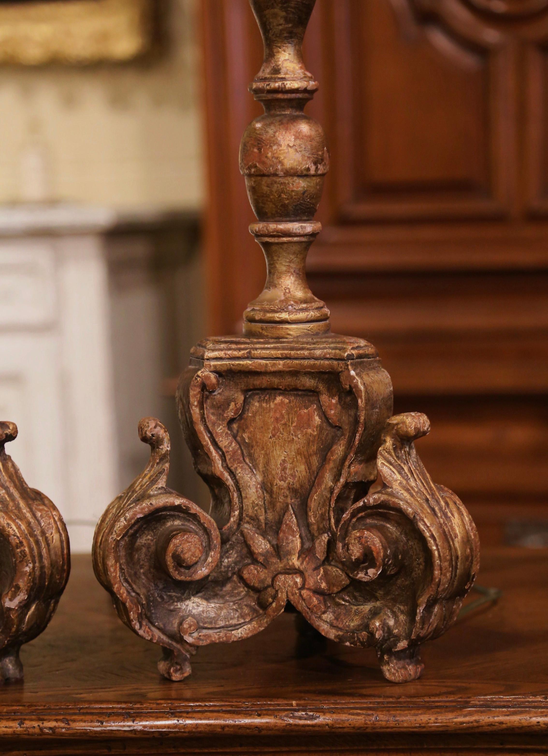 Pair of 19th Century Italian Carved Giltwood Painted Candlestick Table Lamps 1