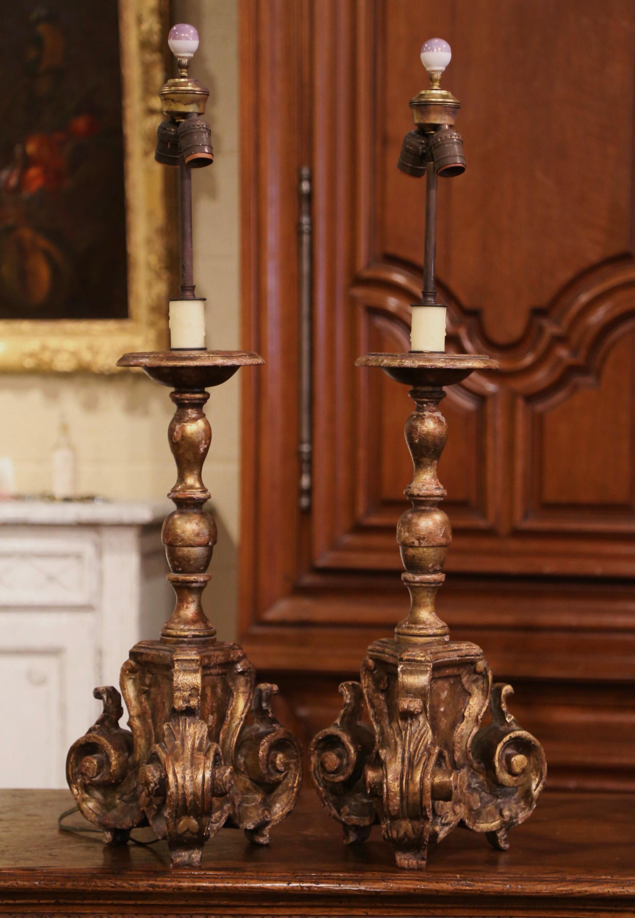 Pair of 19th Century Italian Carved Giltwood Painted Candlestick Table Lamps 2