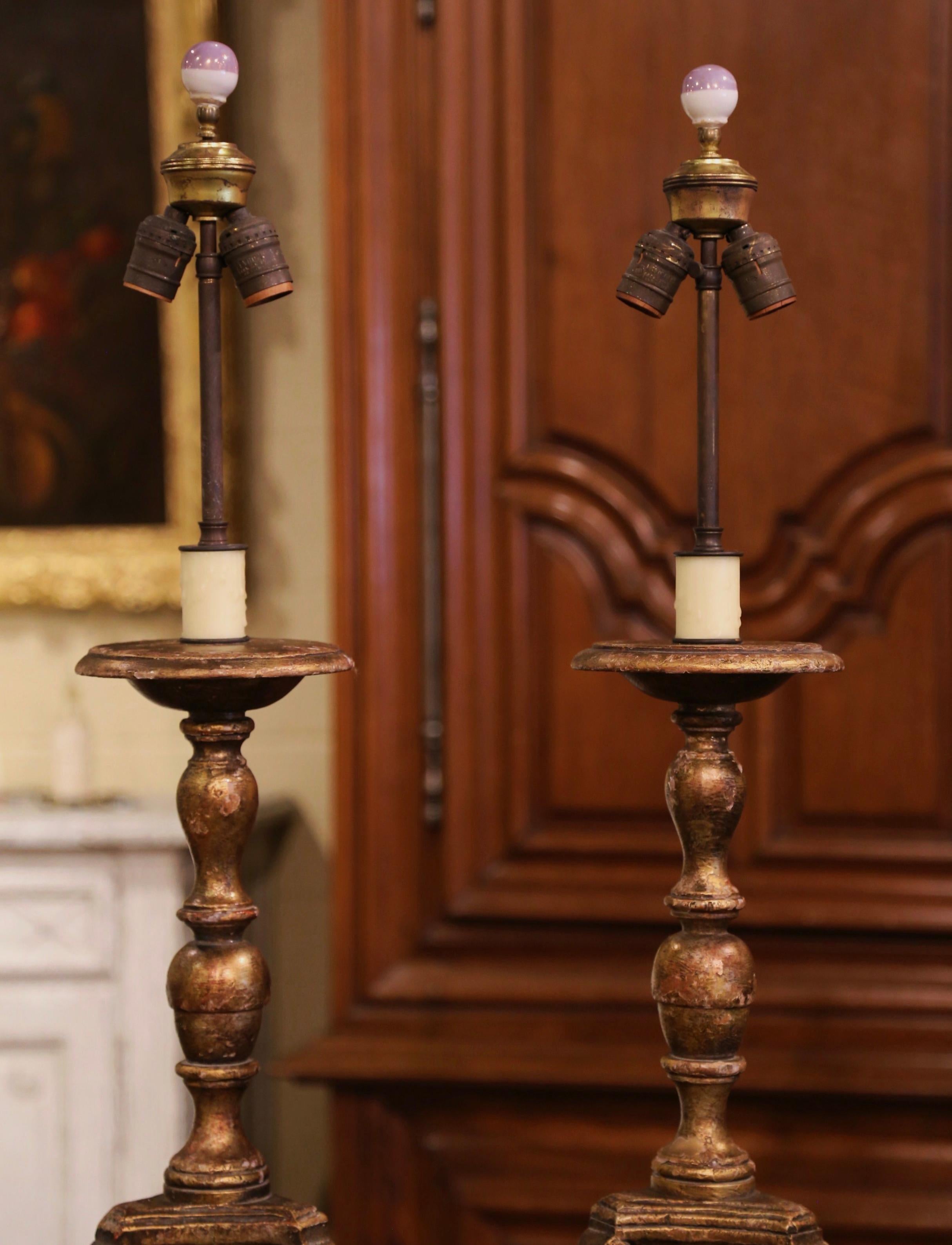 Pair of 19th Century Italian Carved Giltwood Painted Candlestick Table Lamps 3