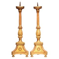 Antique Pair of 19th Century Italian Carved Giltwood Prickets Altar Candlesticks