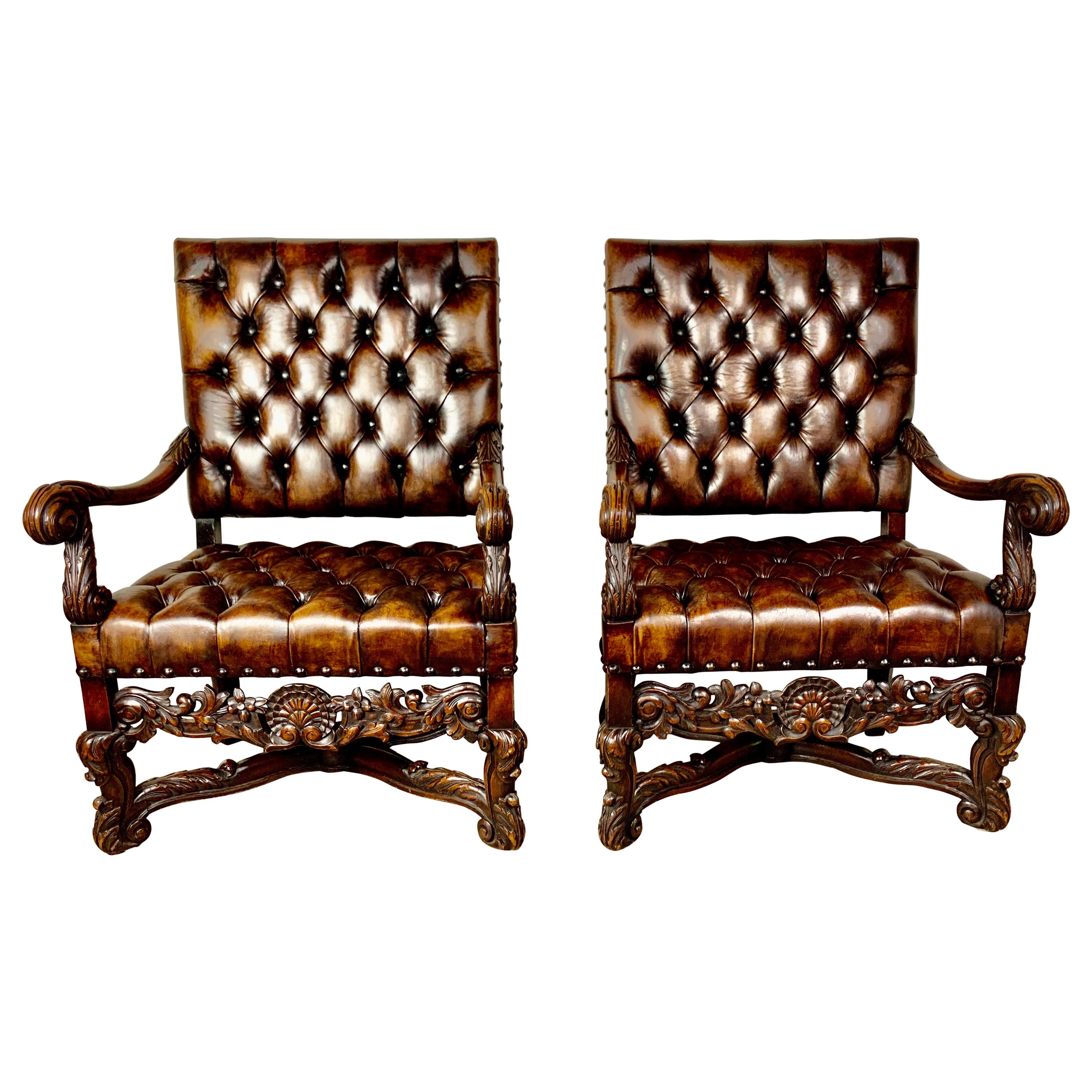 Pair of 19th Century Italian Carved Leather Tufted Armchairs