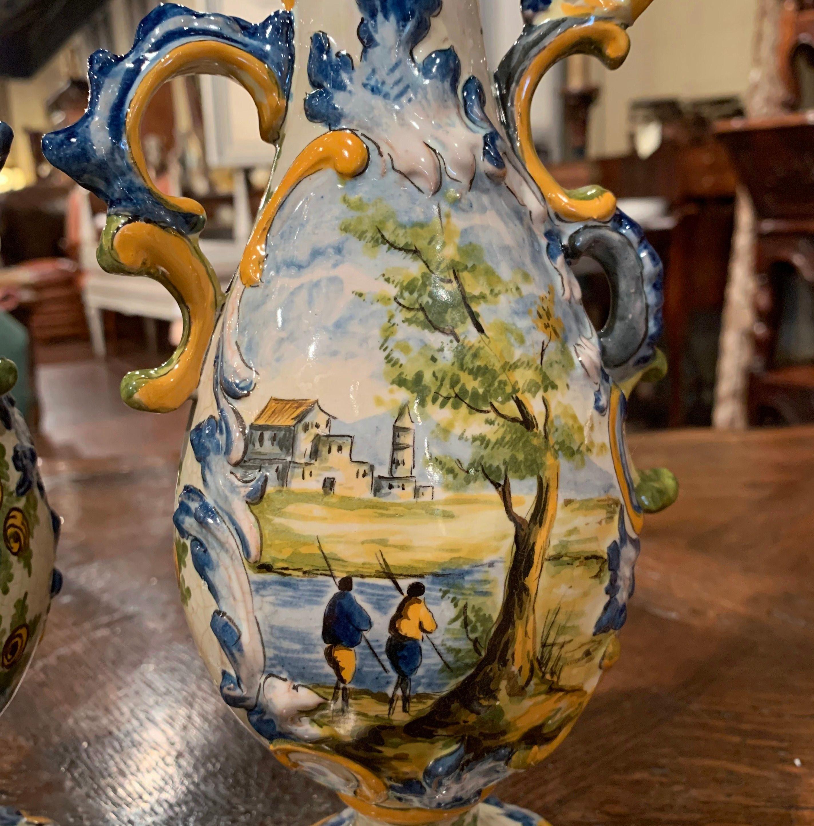Pair of 19th Century Italian Carved Painted Ceramic Vases 7