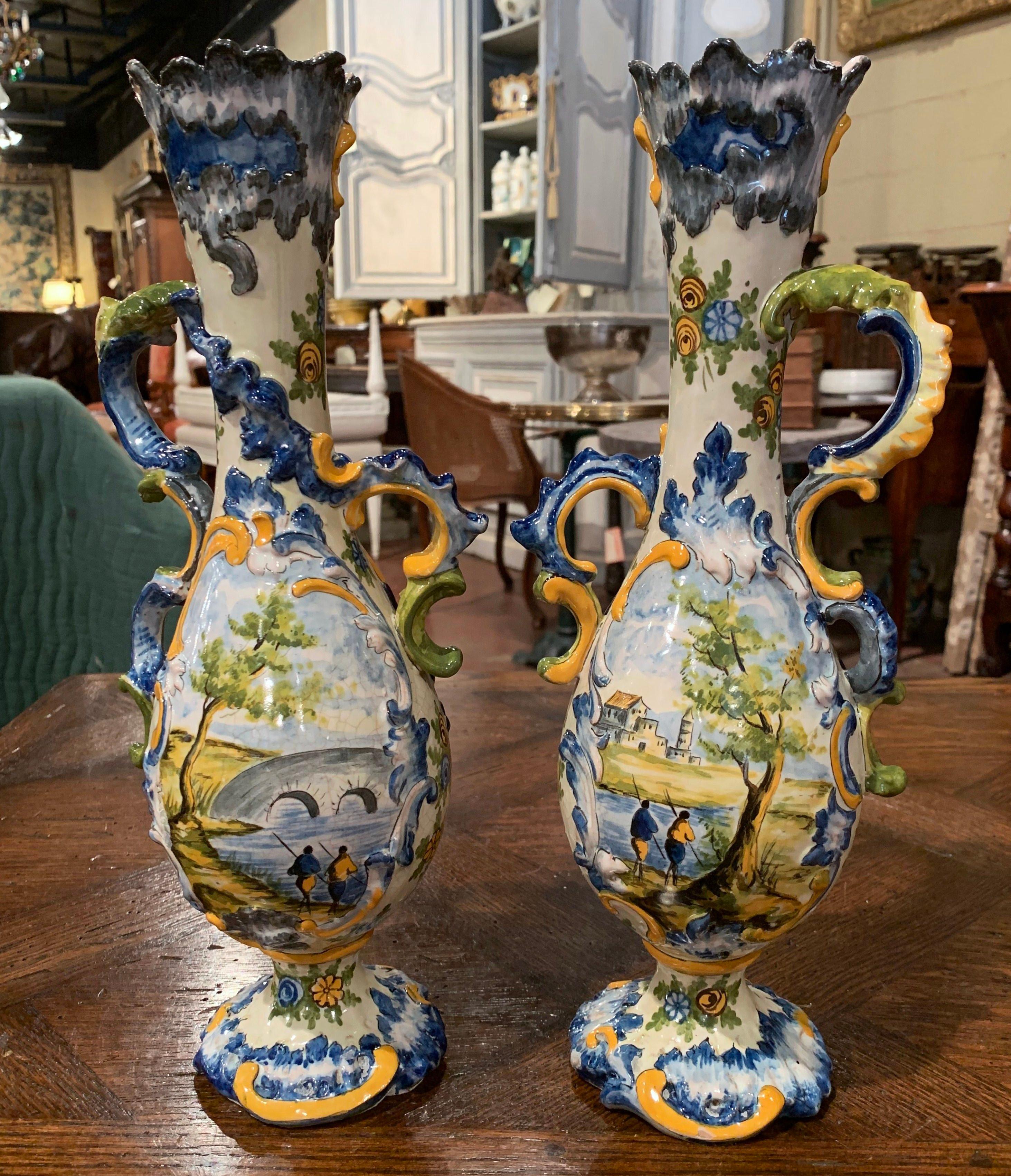 Hand-Painted Pair of 19th Century Italian Carved Painted Ceramic Vases