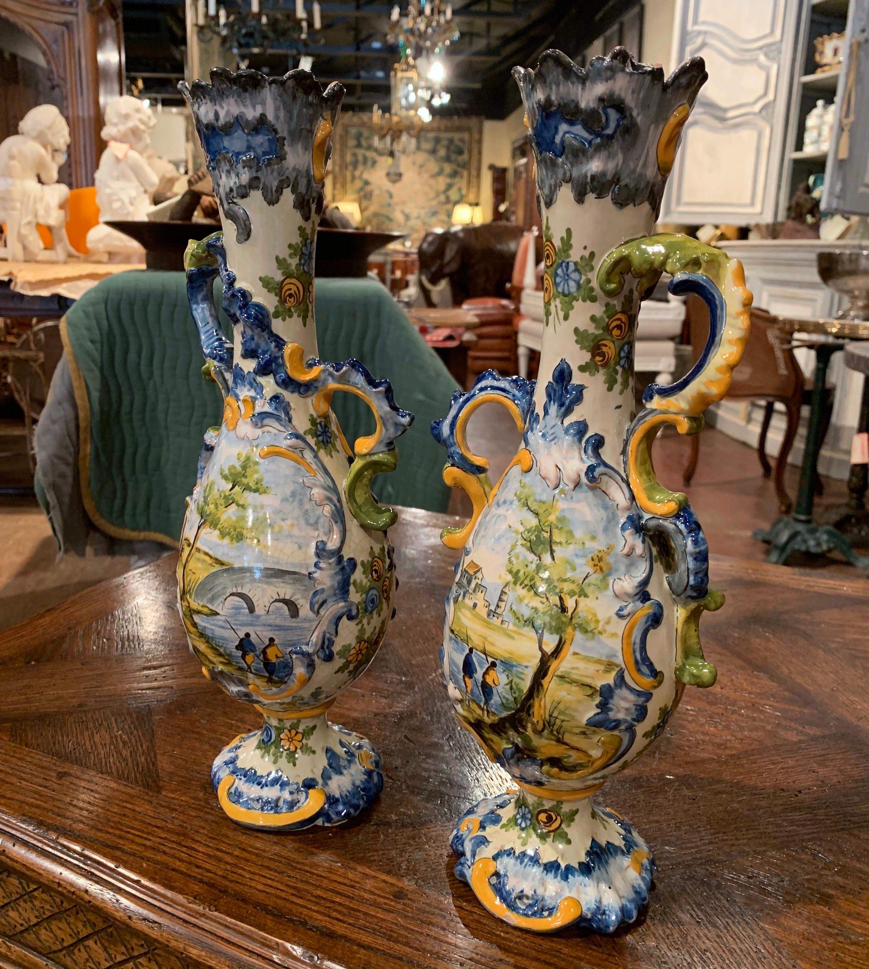 Pair of 19th Century Italian Carved Painted Ceramic Vases In Excellent Condition In Dallas, TX