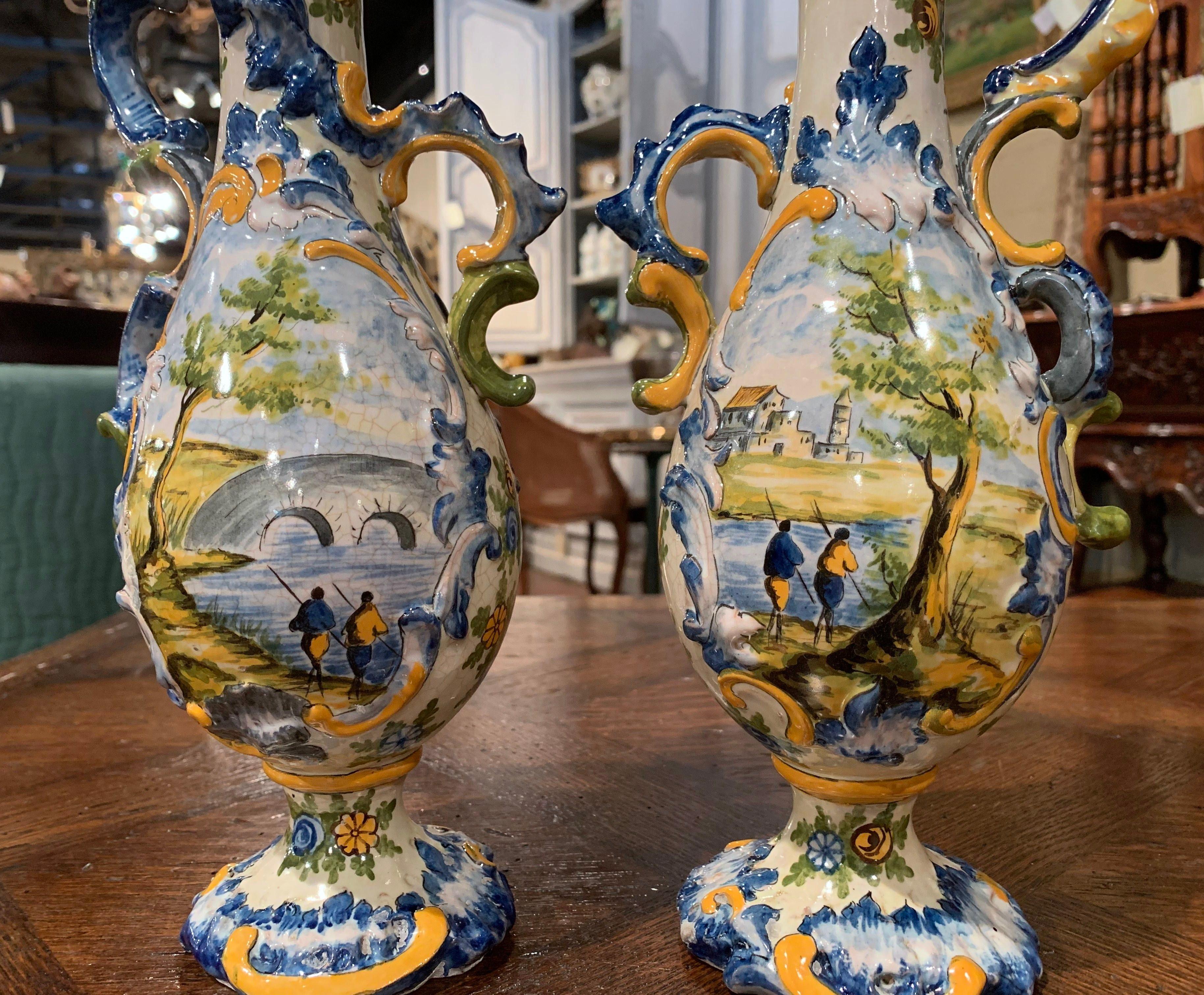 Pair of 19th Century Italian Carved Painted Ceramic Vases 1