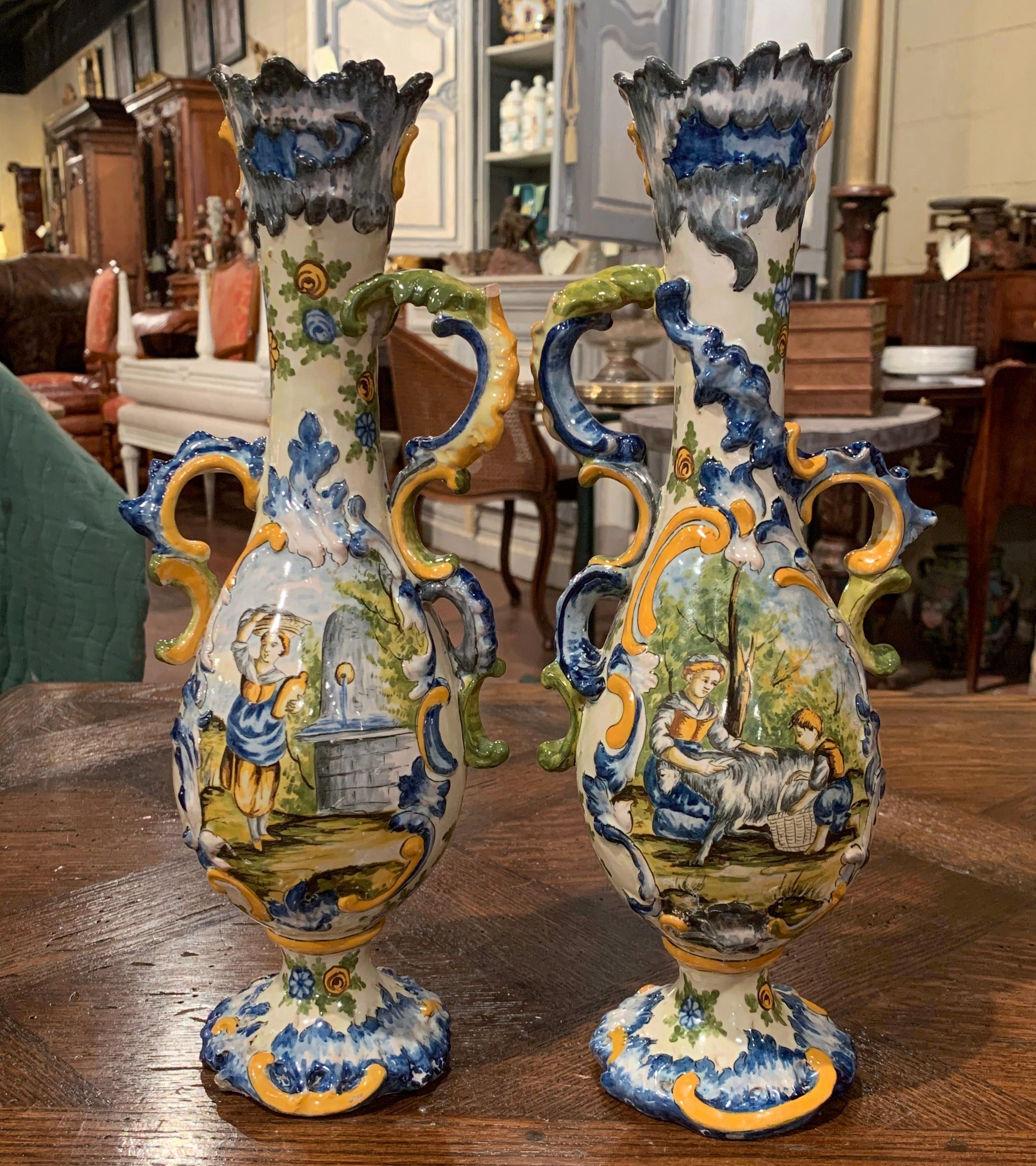 Pair of 19th Century Italian Carved Painted Ceramic Vases 2