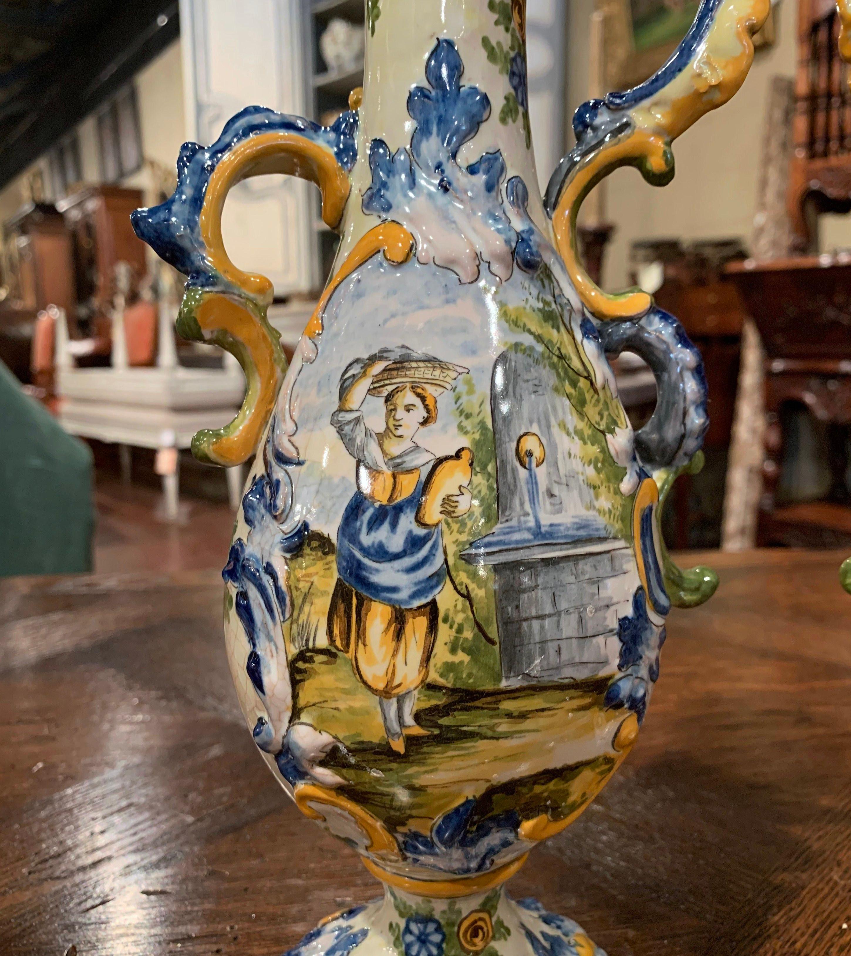 Pair of 19th Century Italian Carved Painted Ceramic Vases 3