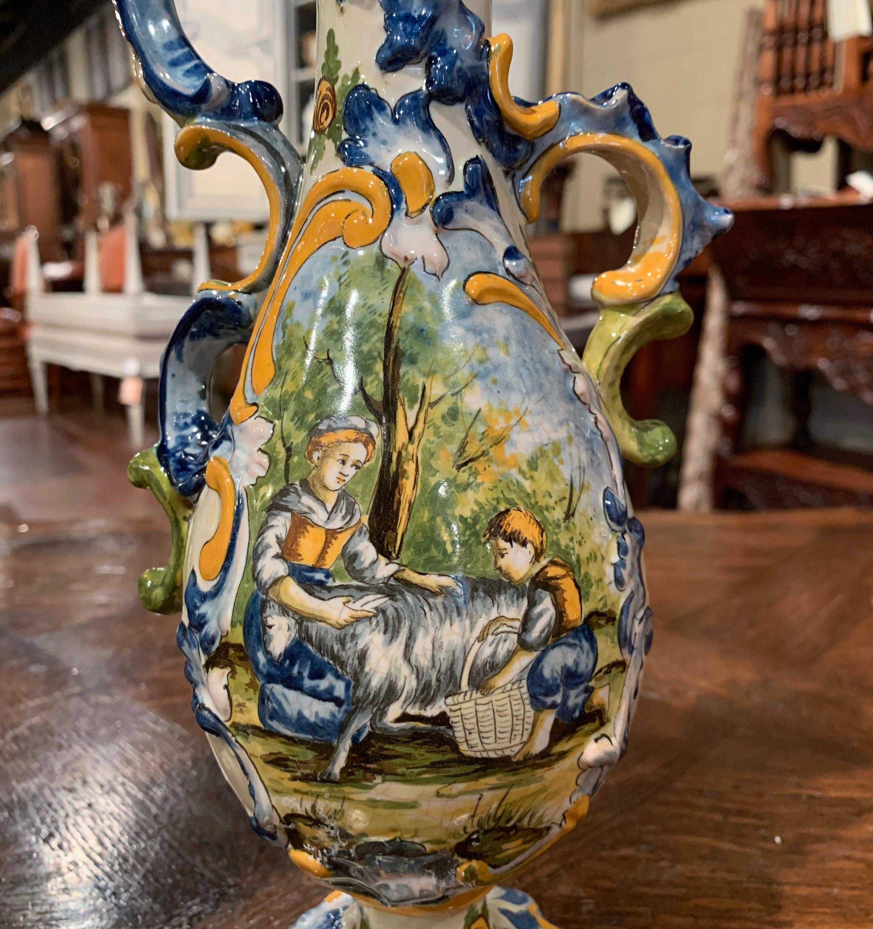 Pair of 19th Century Italian Carved Painted Ceramic Vases 4