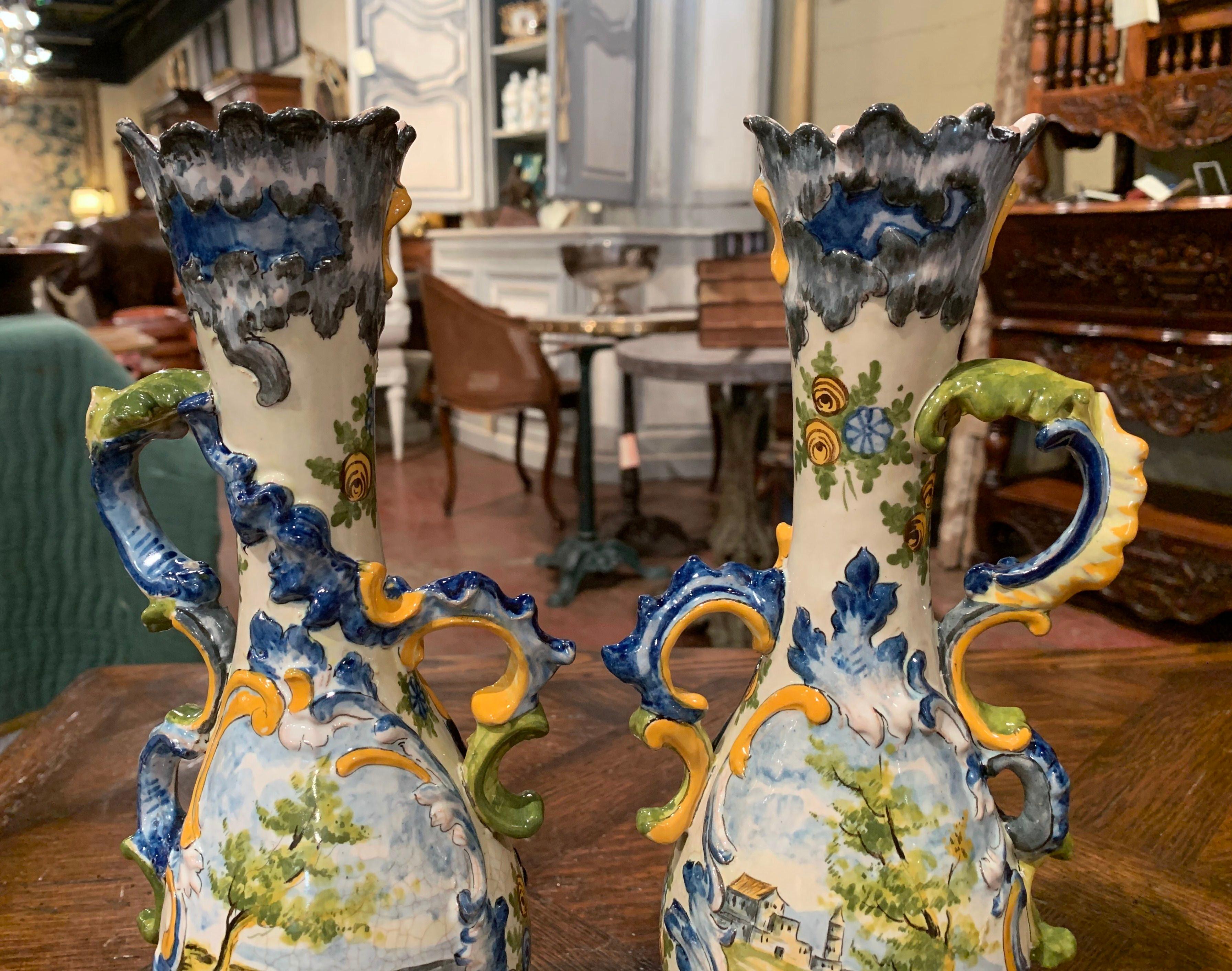 Pair of 19th Century Italian Carved Painted Ceramic Vases 5