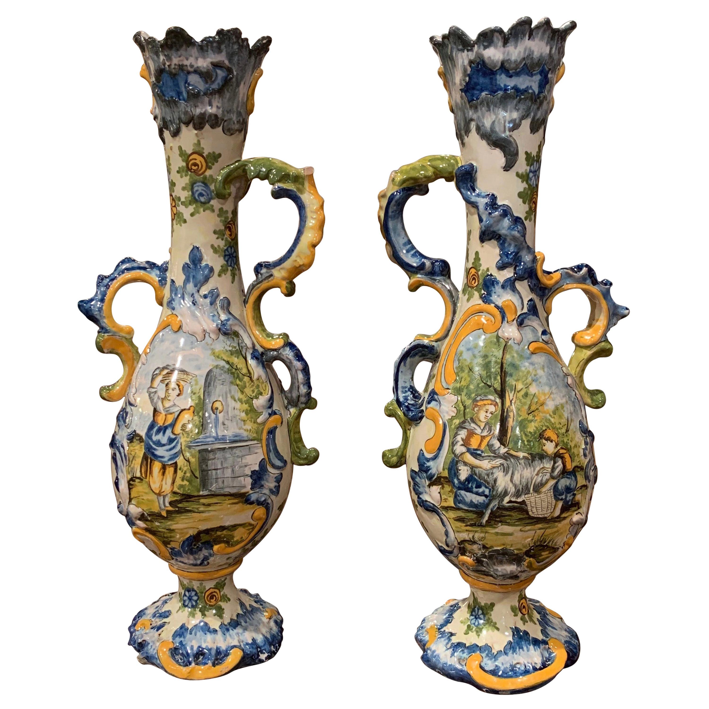 Pair of 19th Century Italian Carved Painted Ceramic Vases
