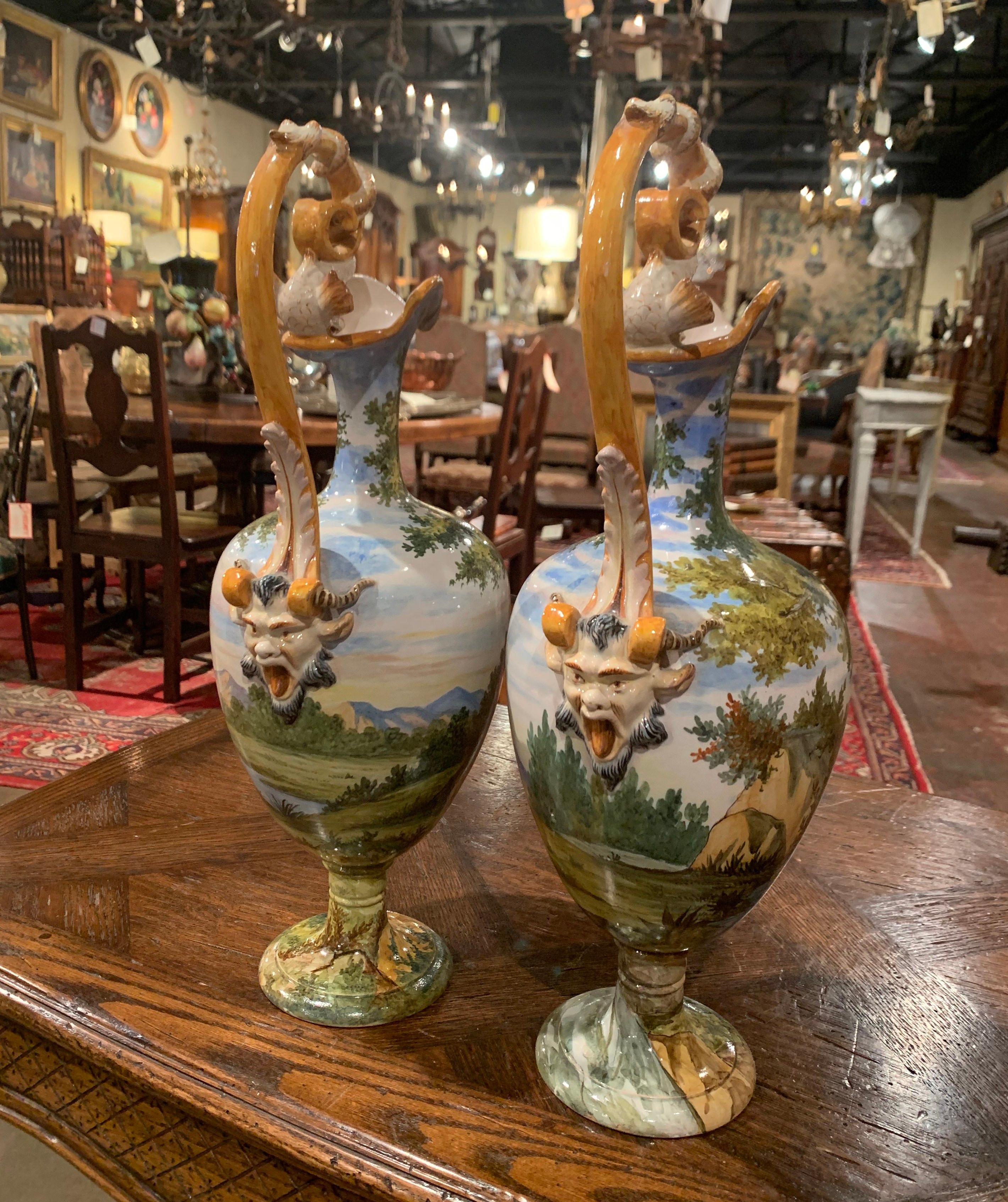 Pair of 19th Century Italian Carved Painted Ceramic Vases from Venice 6