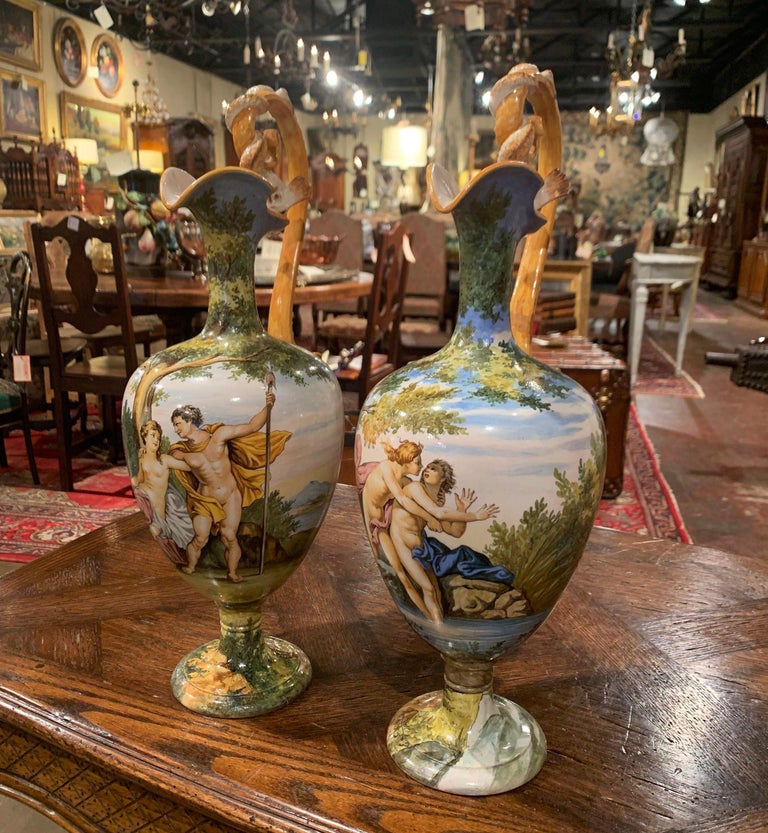 Pair of 19th Century Italian Carved Painted Ceramic Vases from Venice