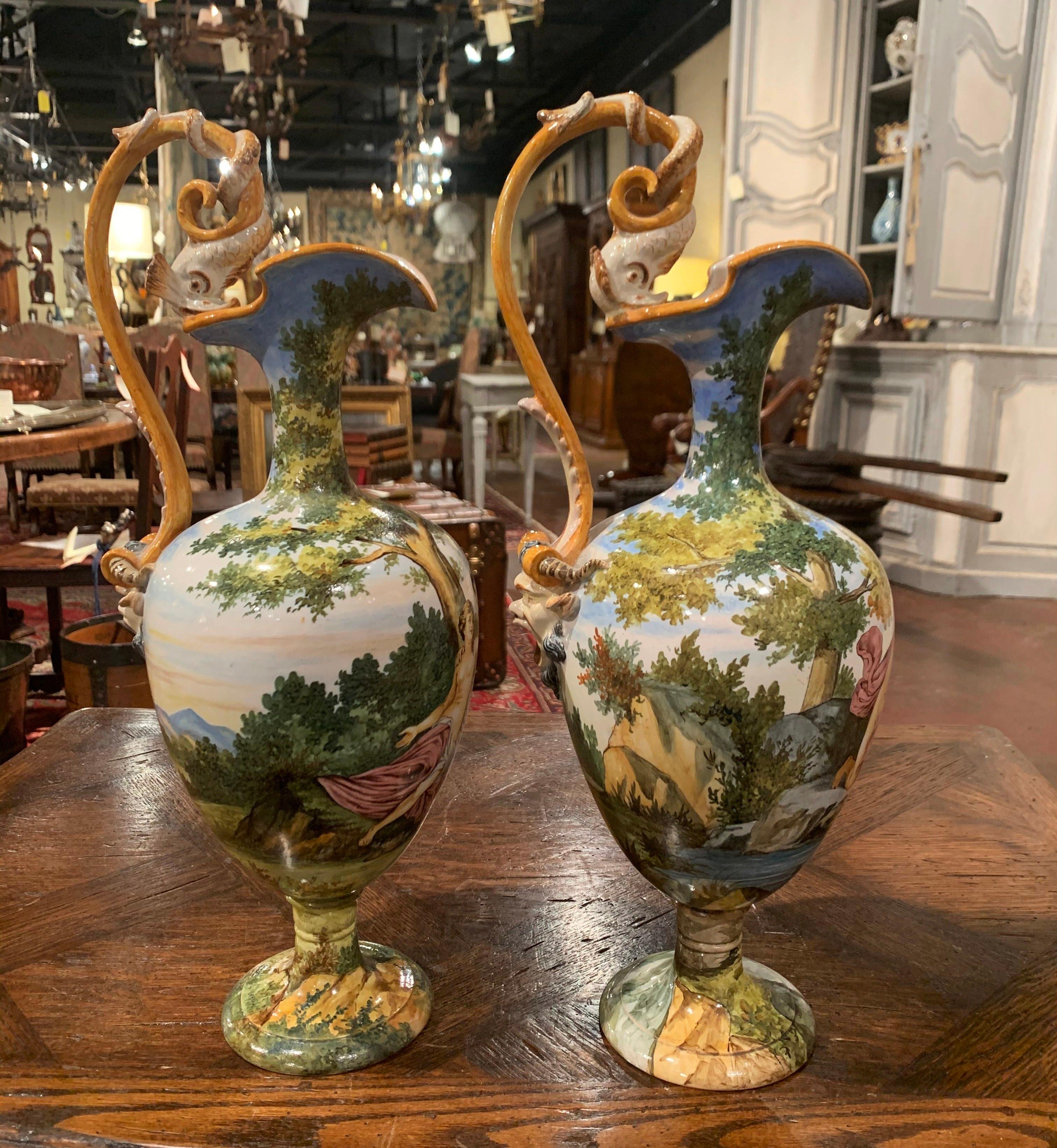 Neoclassical Pair of 19th Century Italian Carved Painted Ceramic Vases from Venice