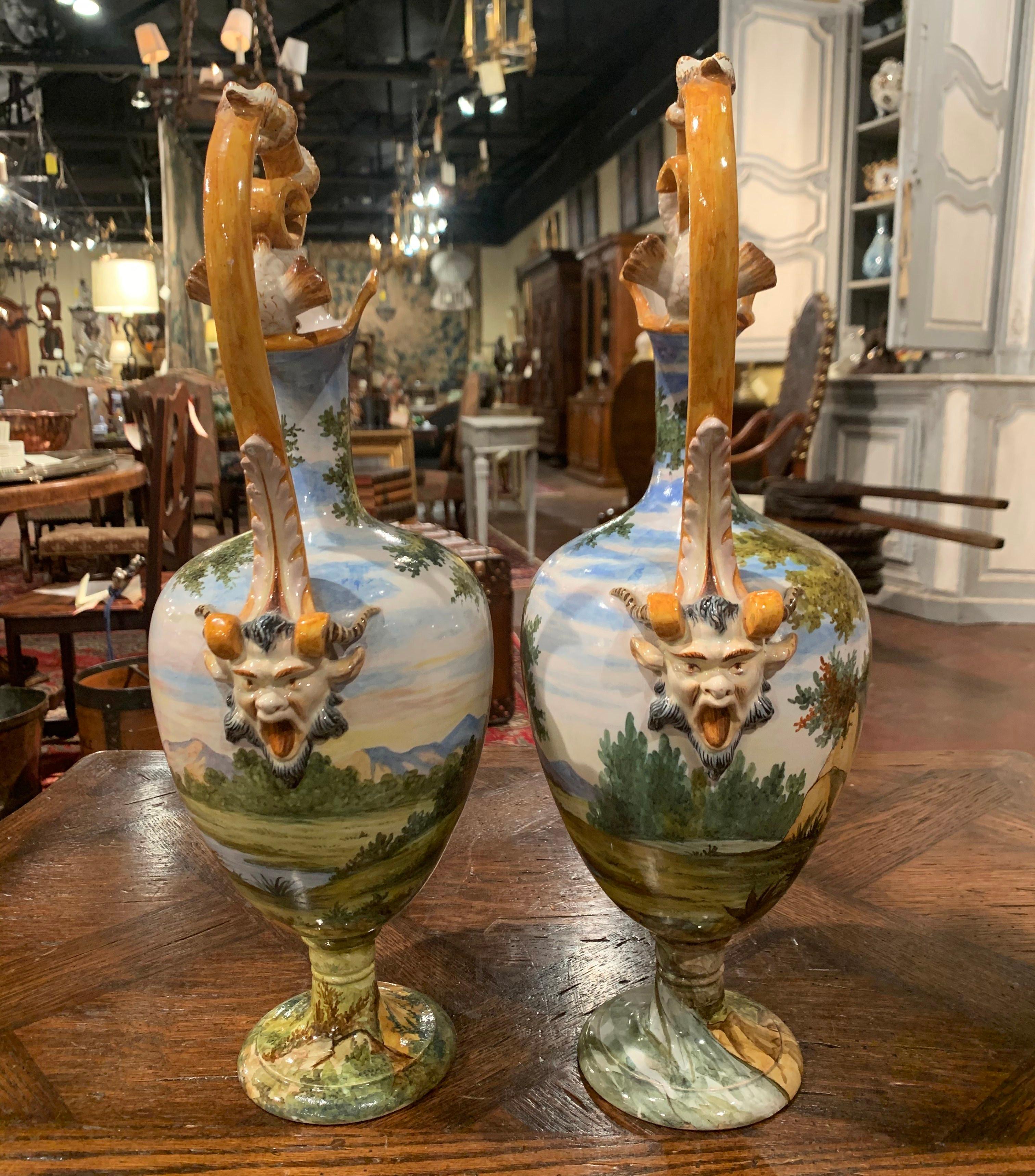 Hand-Crafted Pair of 19th Century Italian Carved Painted Ceramic Vases from Venice