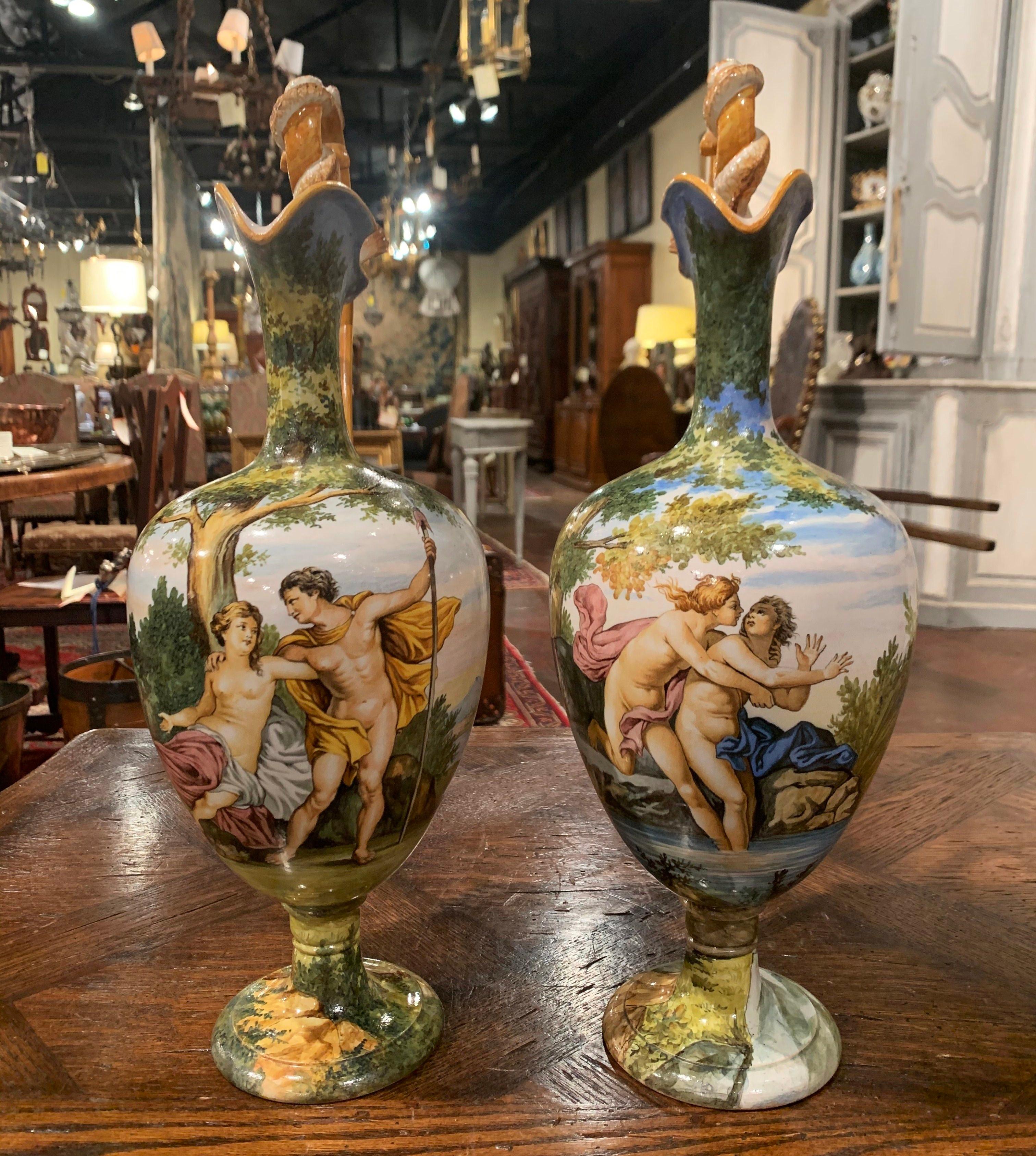 Pair of 19th Century Italian Carved Painted Ceramic Vases from Venice In Excellent Condition In Dallas, TX