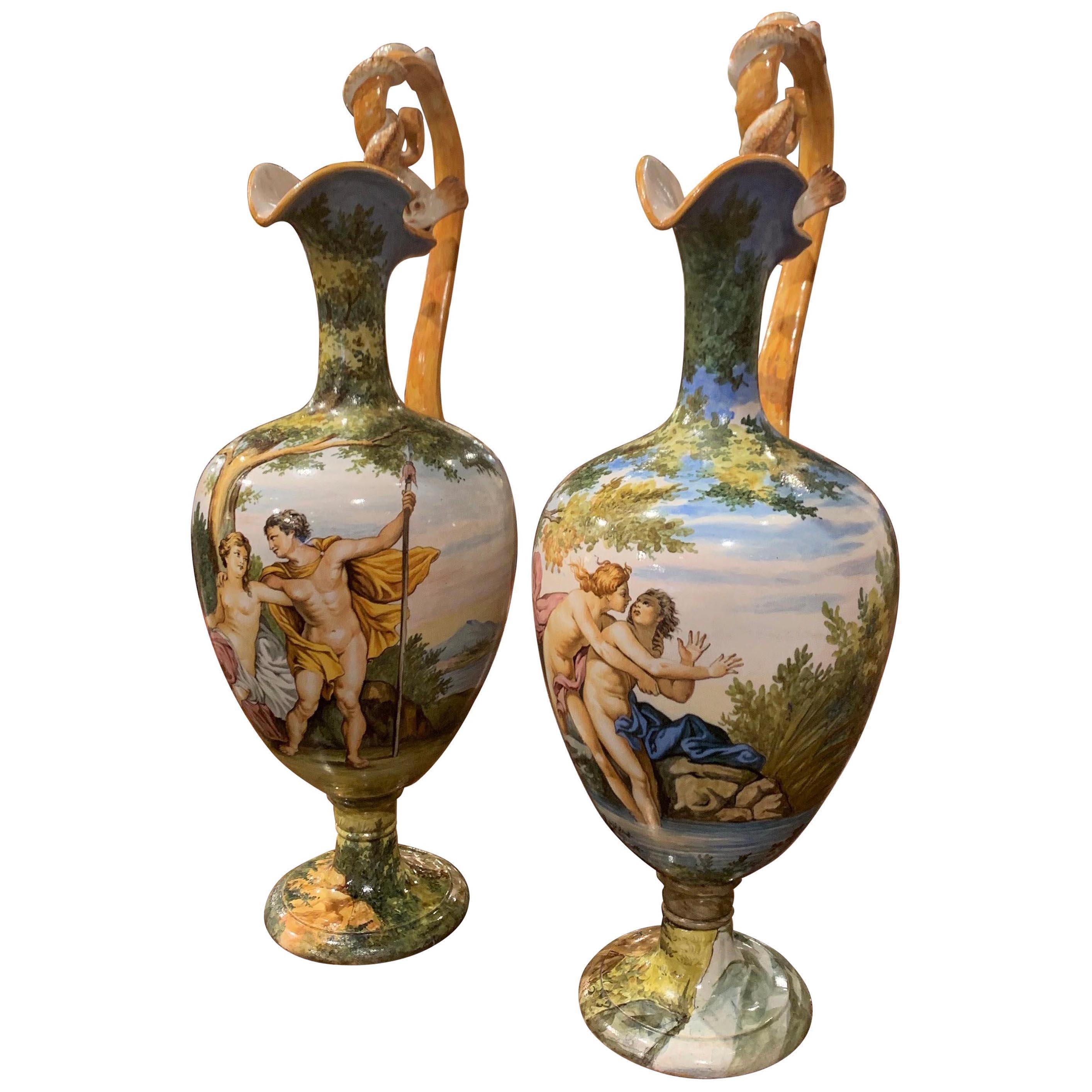 Pair of 19th Century Italian Carved Painted Ceramic Vases from Venice