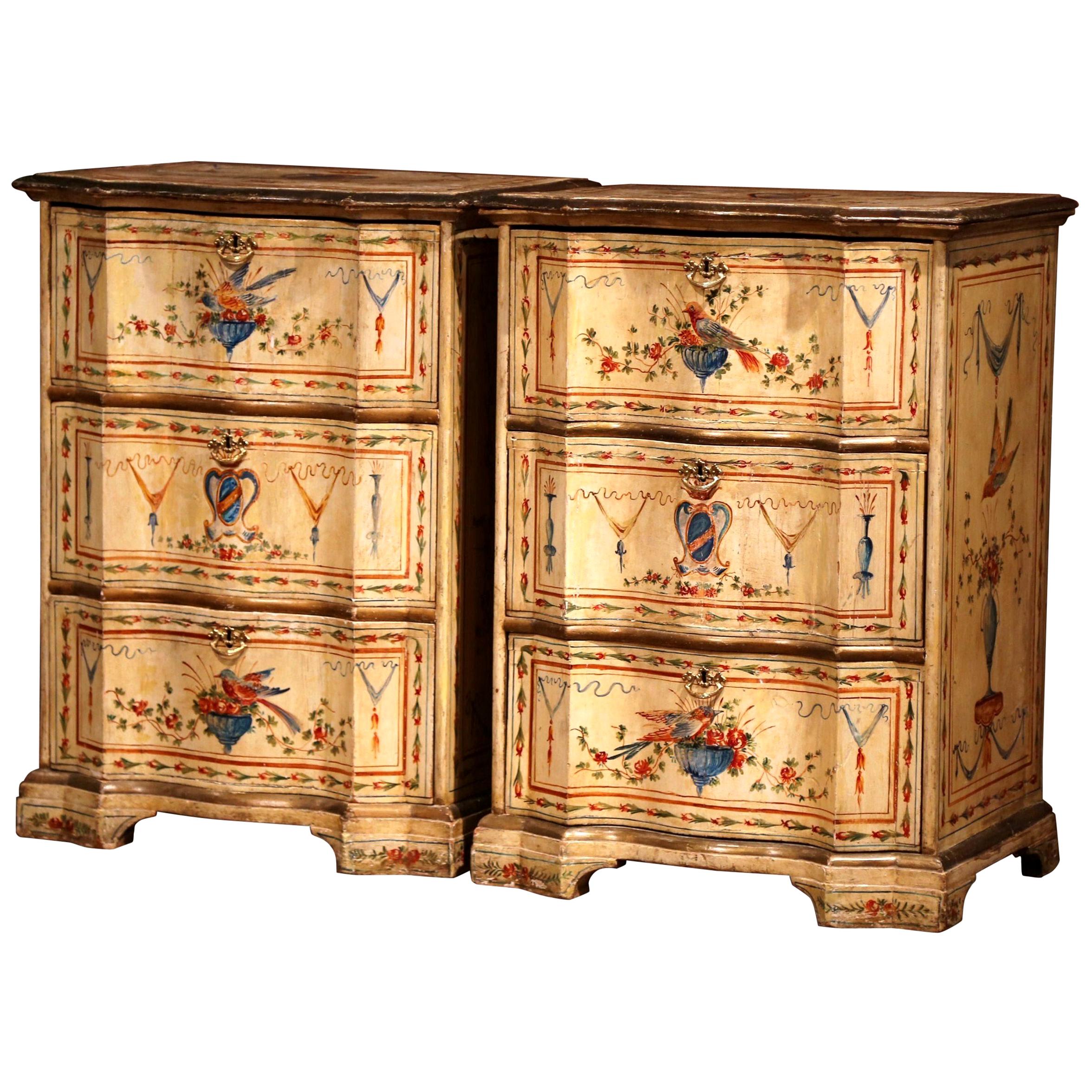 Pair of 19th Century Italian Carved Painted Chests of Drawers with Bird Decor