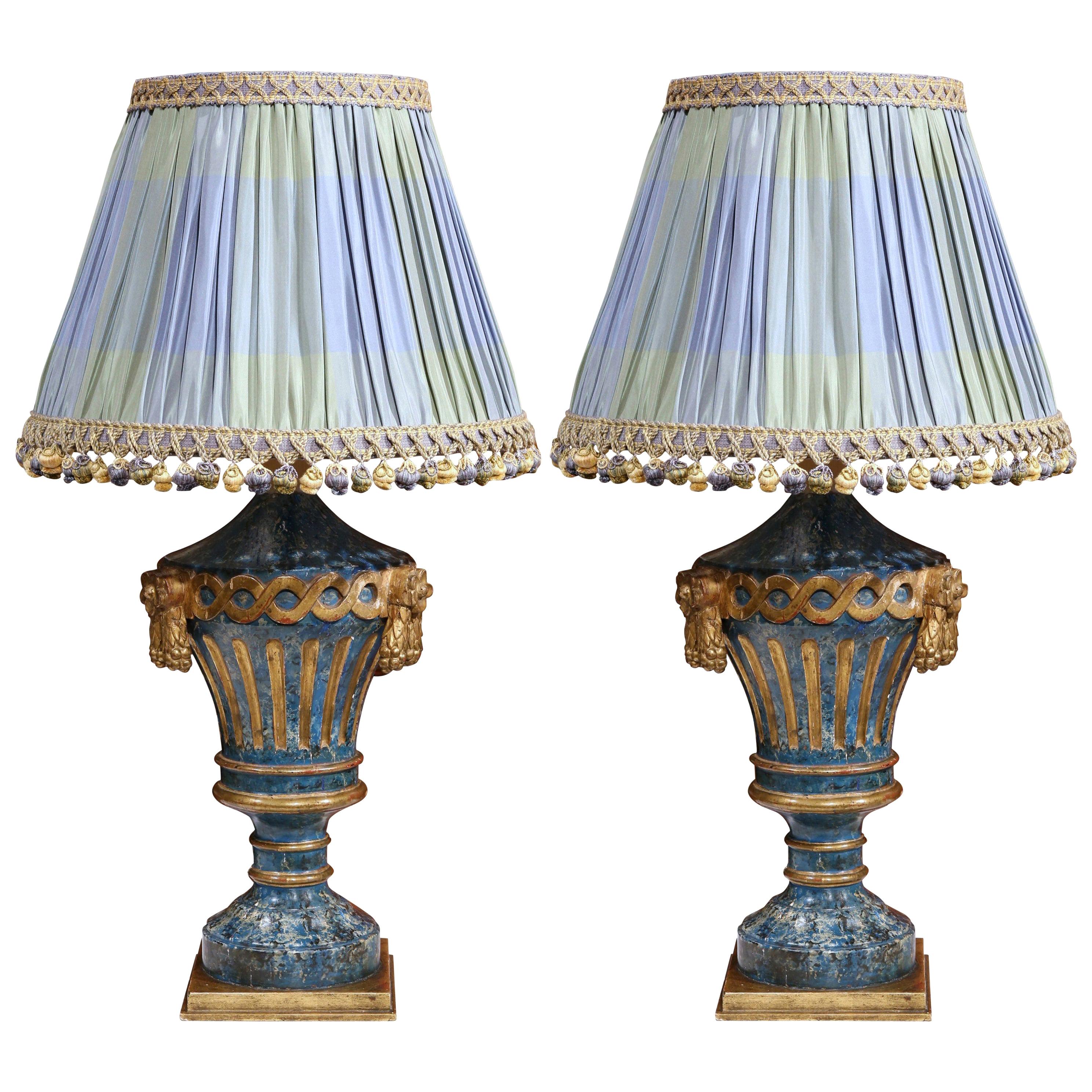 Pair of 19th Century Italian Carved Painted Lamp Bases with Custom Silk Shades