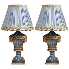 Antique Pair of 19th Century Italian Carved Painted Lamp Bases with Custom Silk Shades