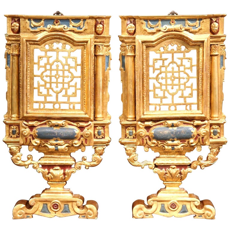 Pair of 19th Century Italian Carved Polychrome and Gilt Wall Carvings ...