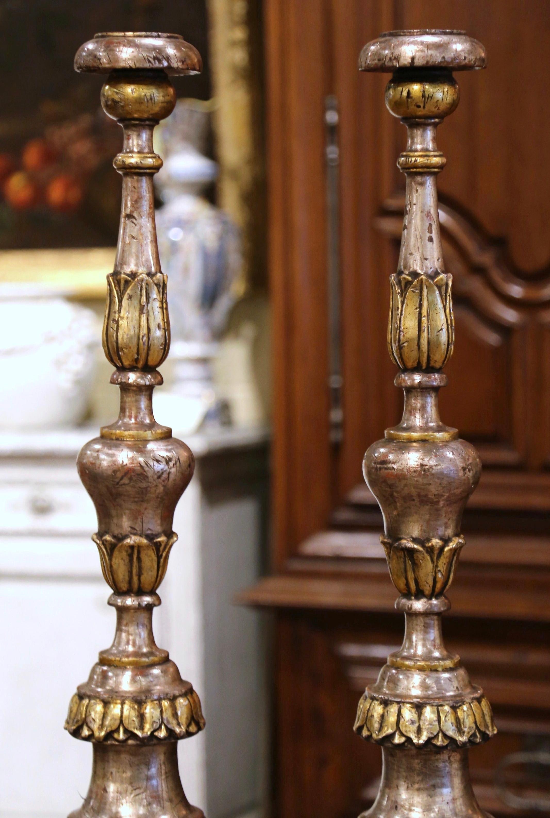 Pair of 19th Century Italian Carved Silver and Gilt Candle Holders In Excellent Condition In Dallas, TX