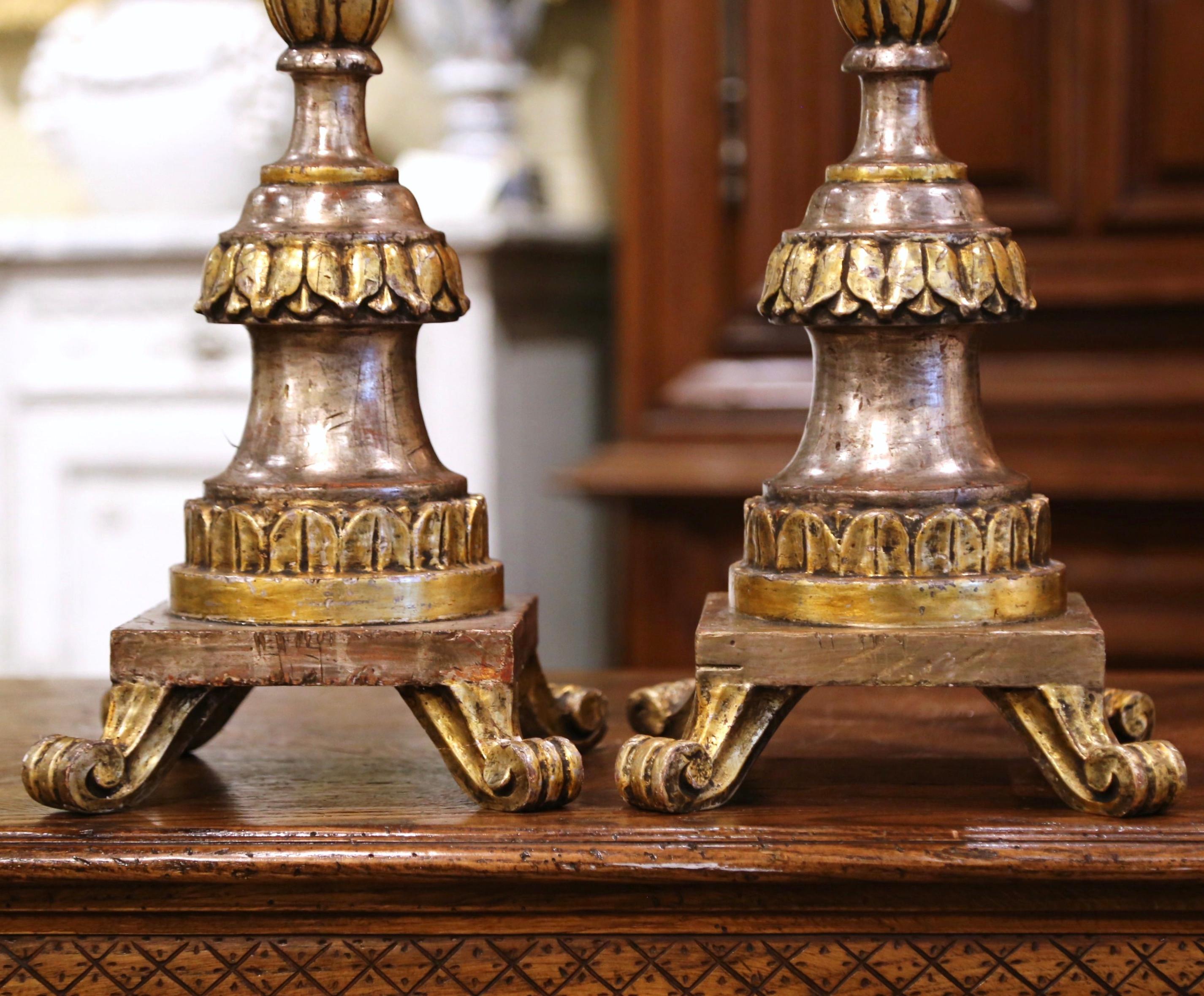 Gold Leaf Pair of 19th Century Italian Carved Silver and Gilt Candle Holders