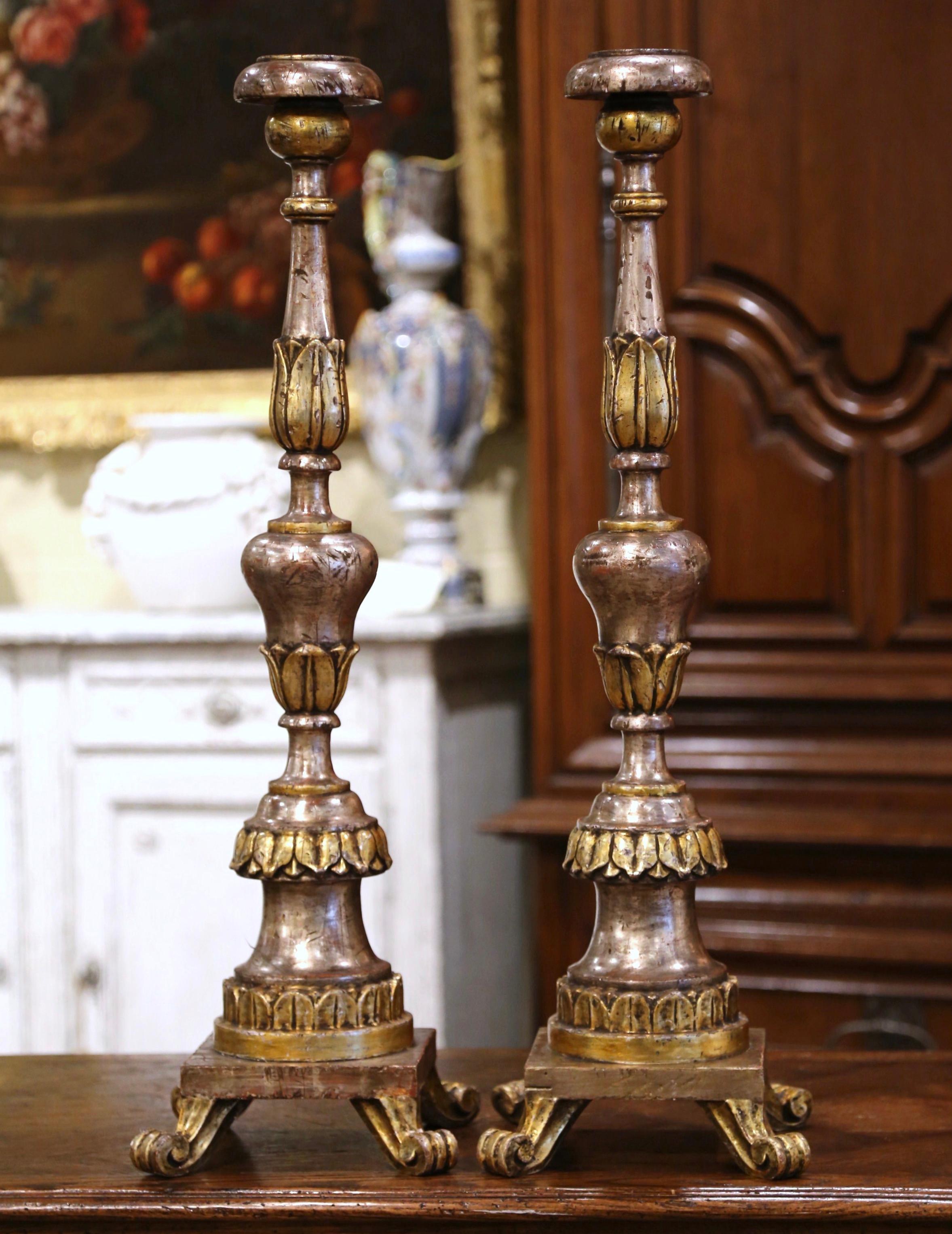 Pair of 19th Century Italian Carved Silver and Gilt Candle Holders 1