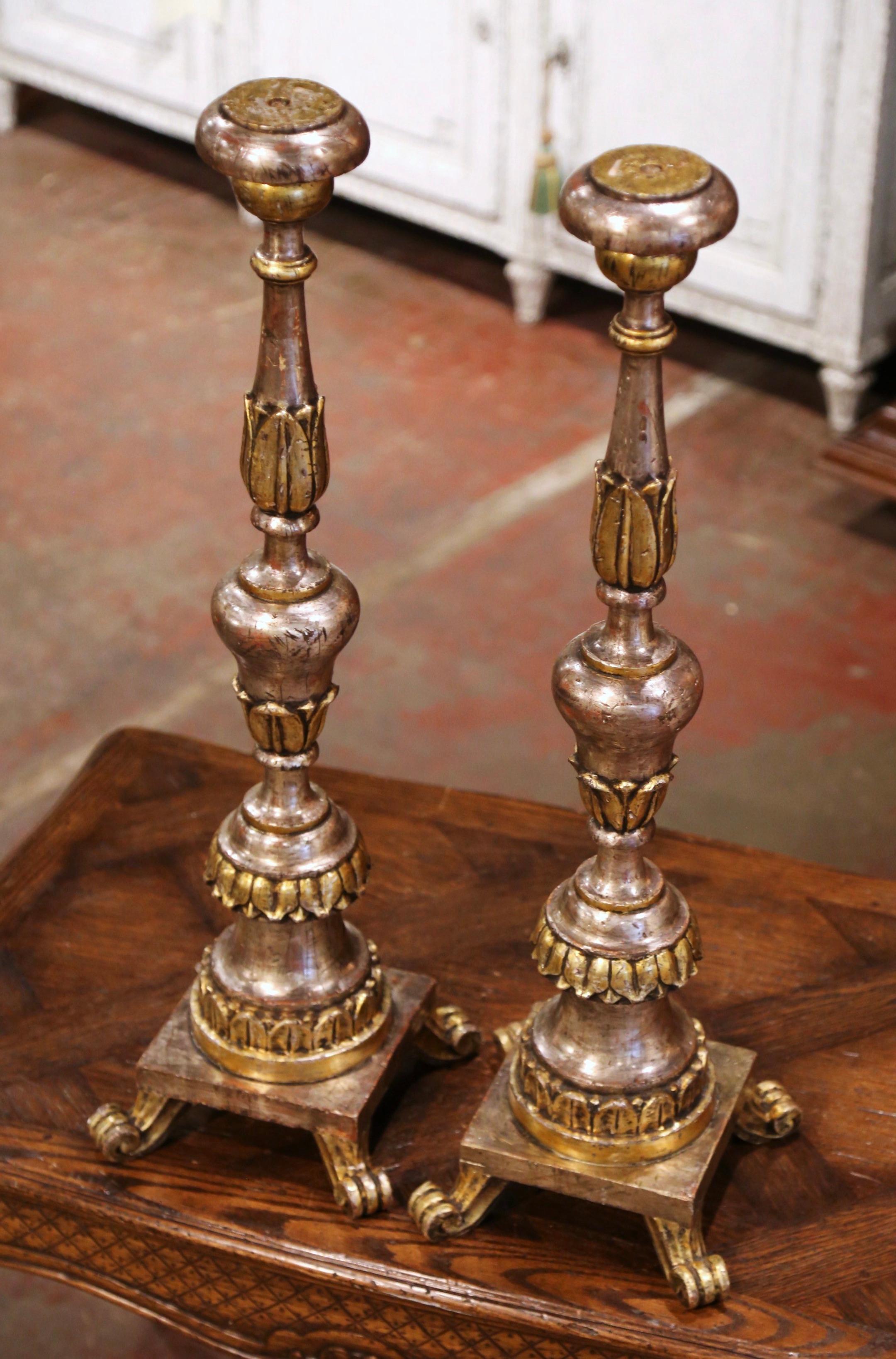 Pair of 19th Century Italian Carved Silver and Gilt Candle Holders 2