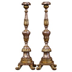 Antique Pair of 19th Century Italian Carved Silver and Gilt Candle Holders