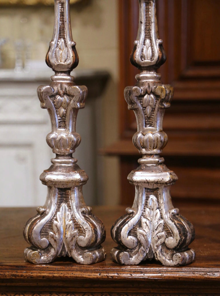 Hand-Carved Pair of 19th Century Italian Carved Silver Leaf Candle Holders For Sale