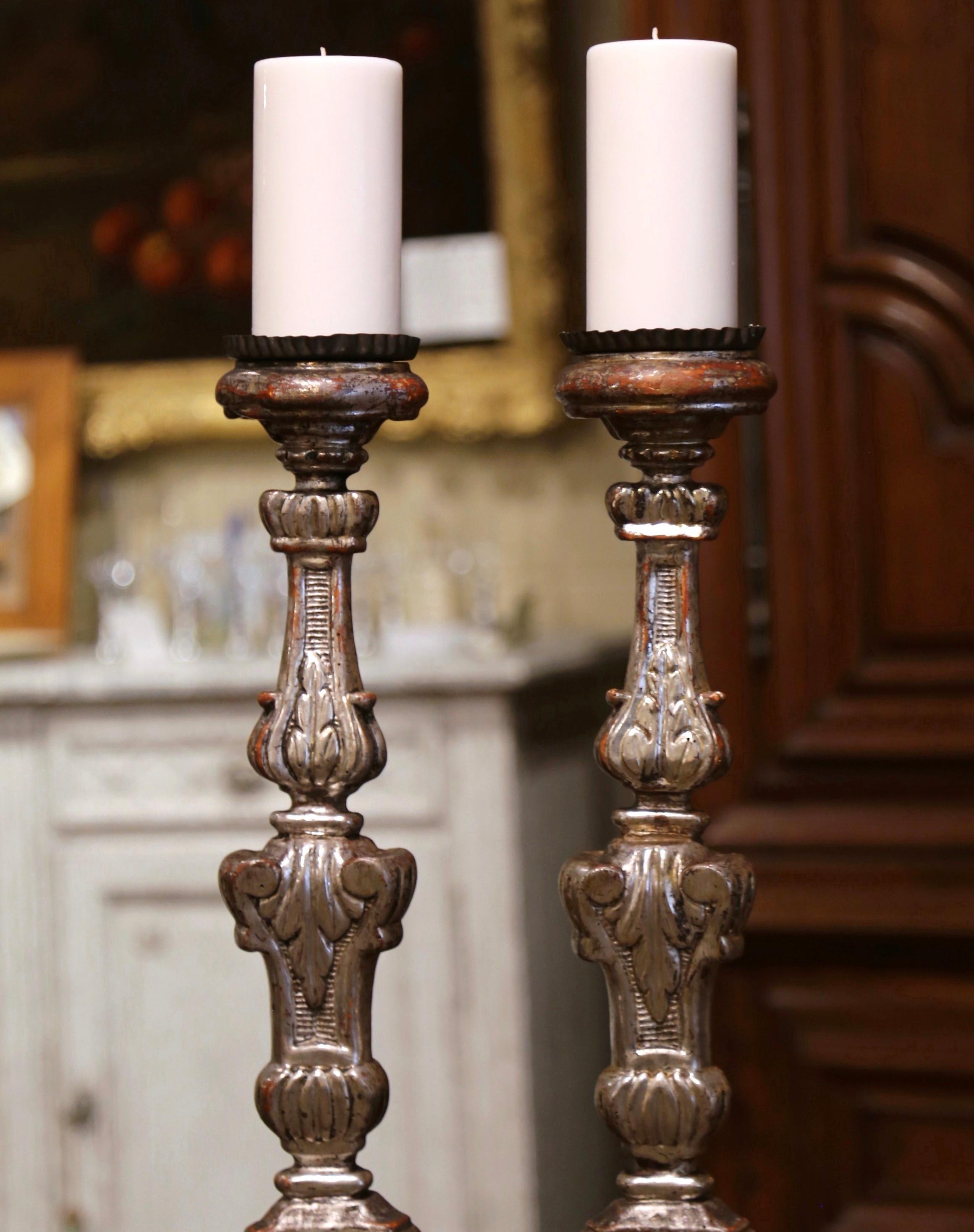 Hand-Carved Pair of 19th Century Italian Carved Silver Leaf Candle Holders