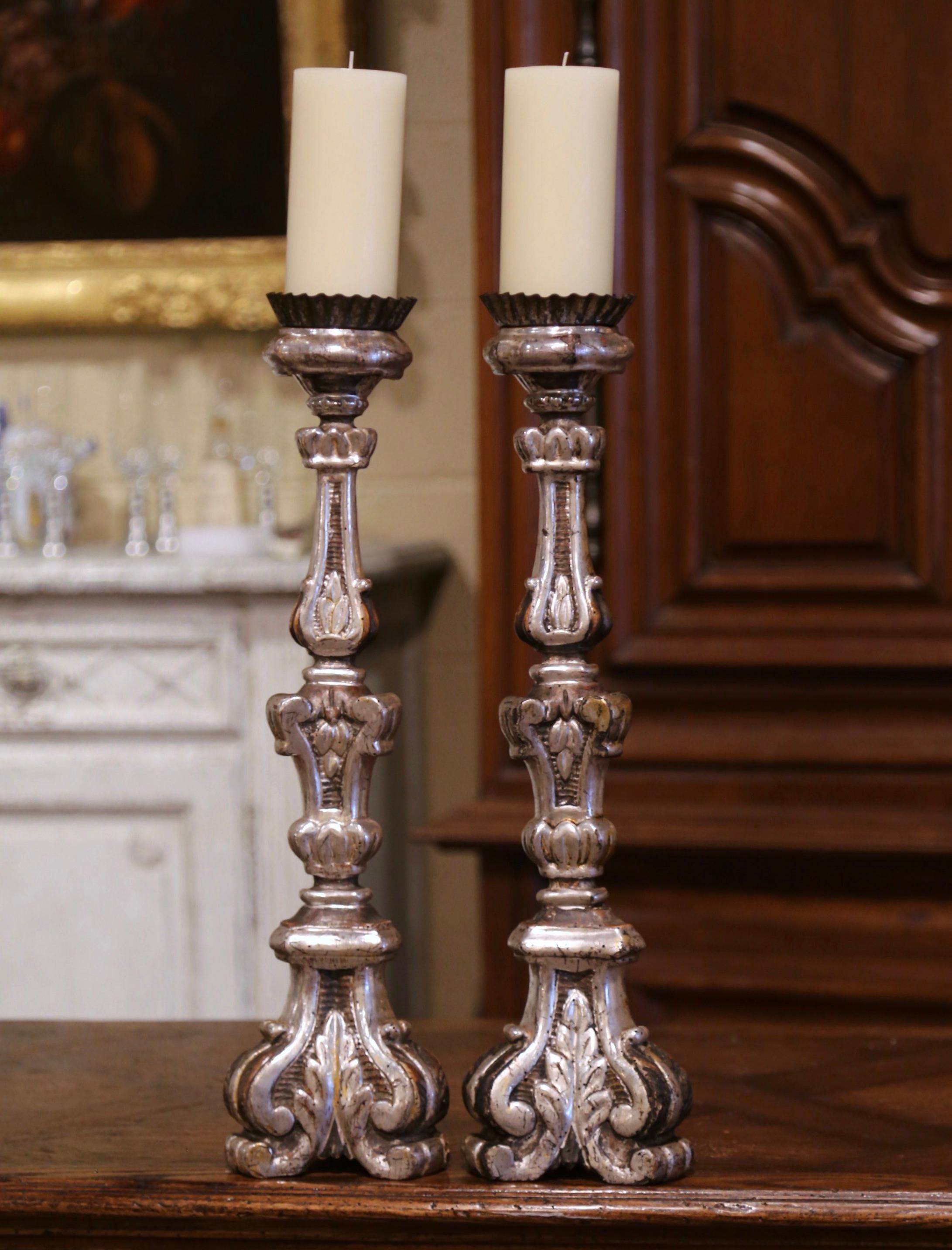 Hand-Carved Pair of 19th Century Italian Carved Silver Leaf Candle Holders
