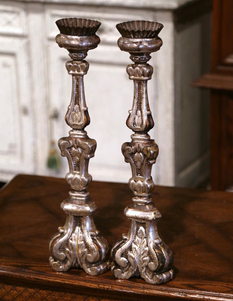 Pair of 19th Century Italian Carved Silver Leaf Candle Holders For Sale 1