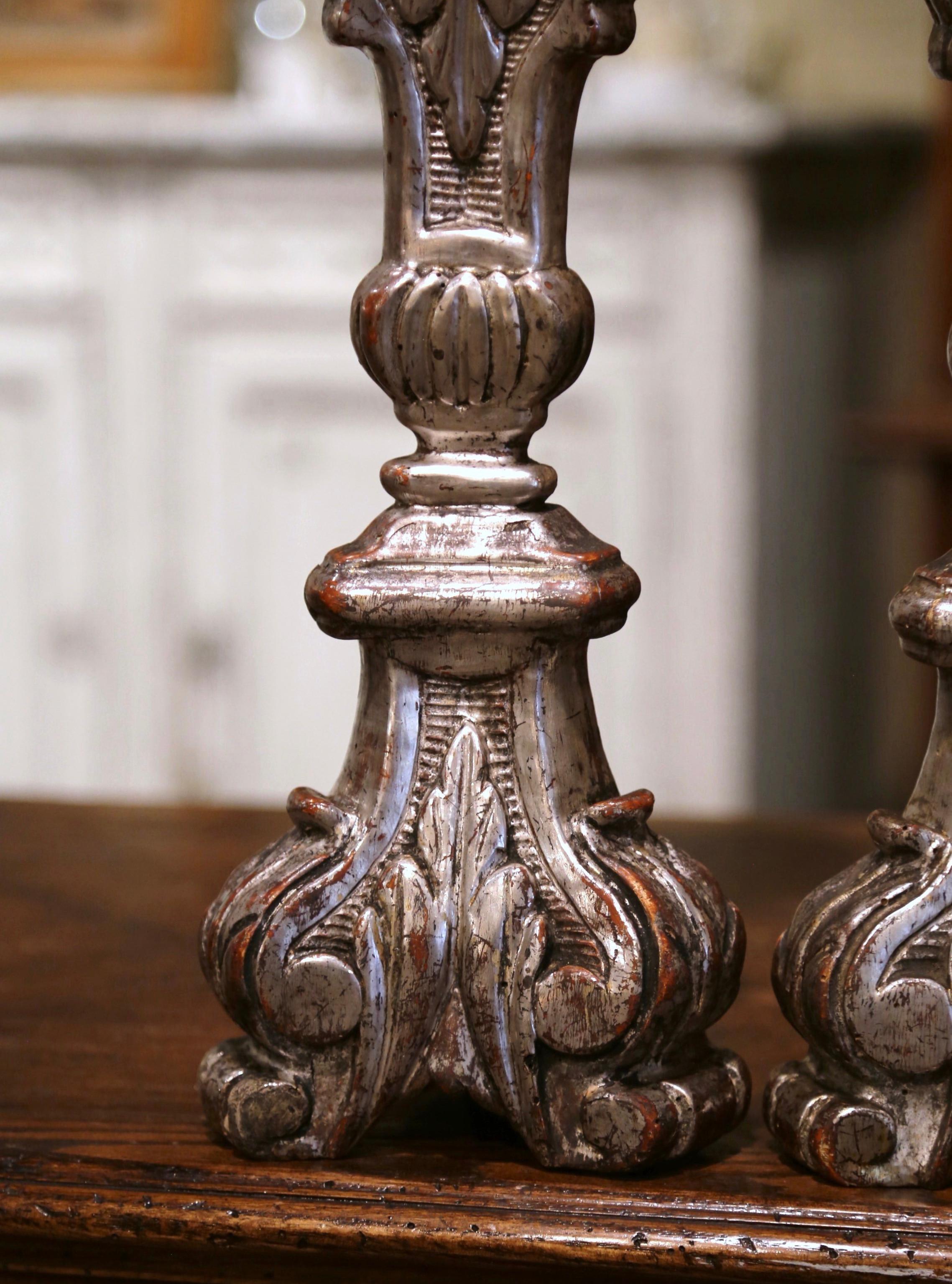 Pair of 19th Century Italian Carved Silver Leaf Candle Holders 1