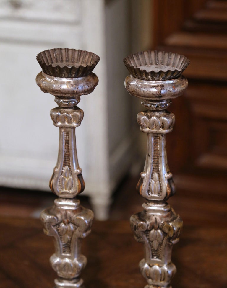 Pair of 19th Century Italian Carved Silver Leaf Candle Holders For Sale 2