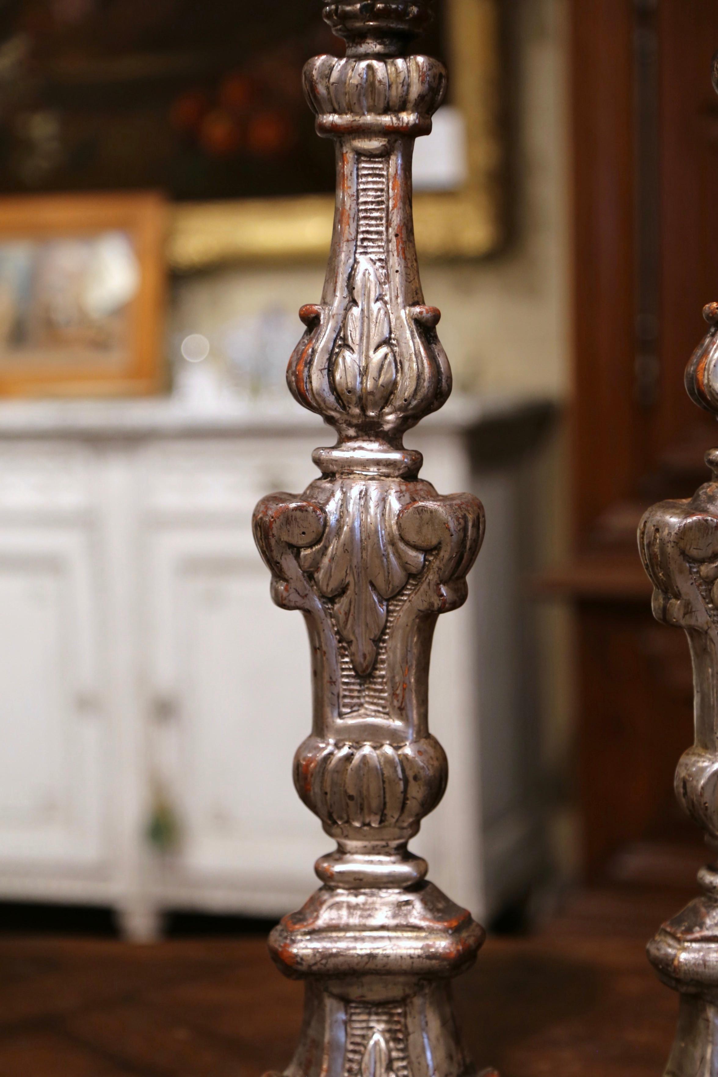 Pair of 19th Century Italian Carved Silver Leaf Candle Holders 2