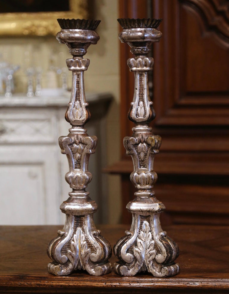 Pair of 19th Century Italian Carved Silver Leaf Candle Holders For Sale 3