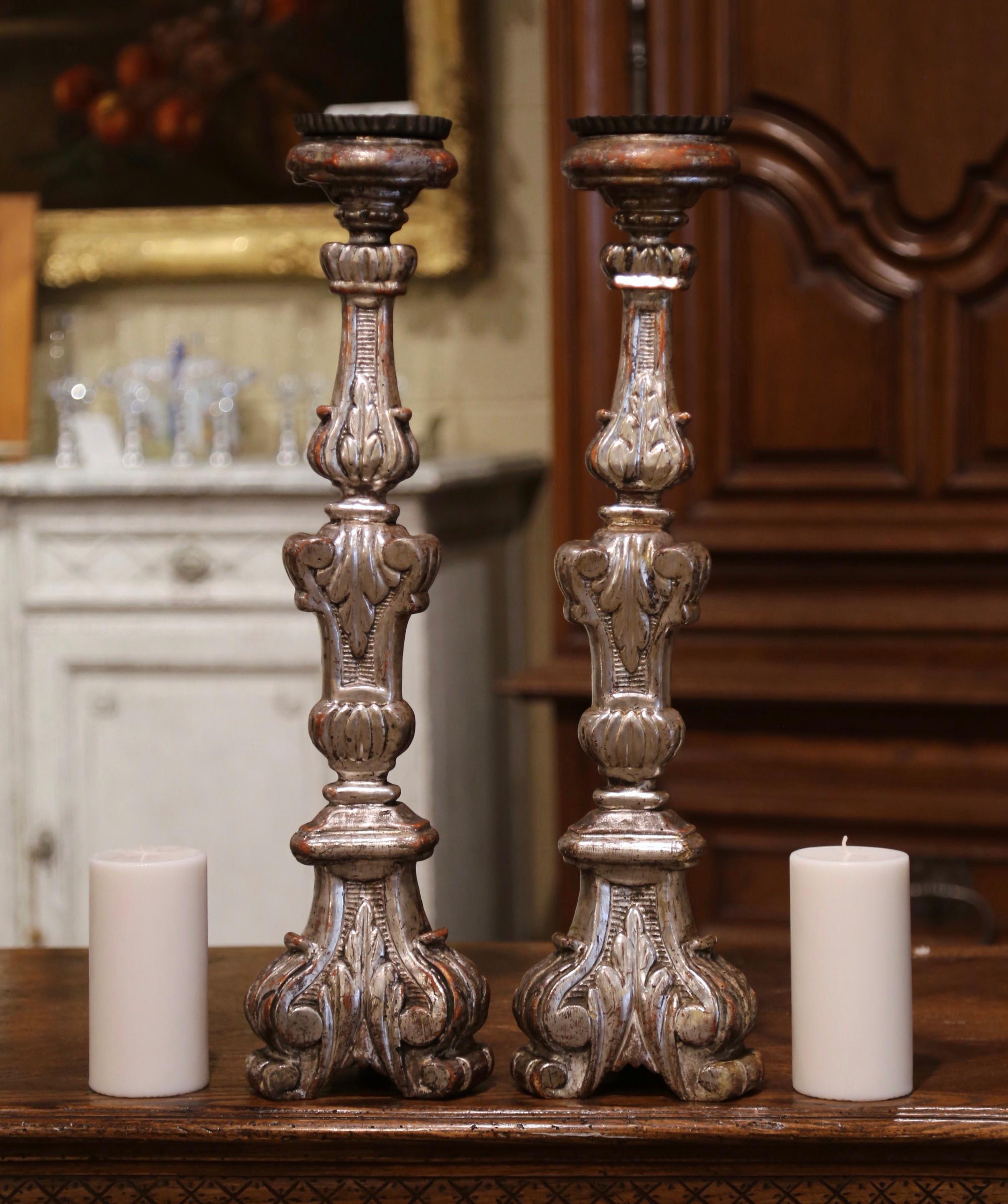 Pair of 19th Century Italian Carved Silver Leaf Candle Holders 3