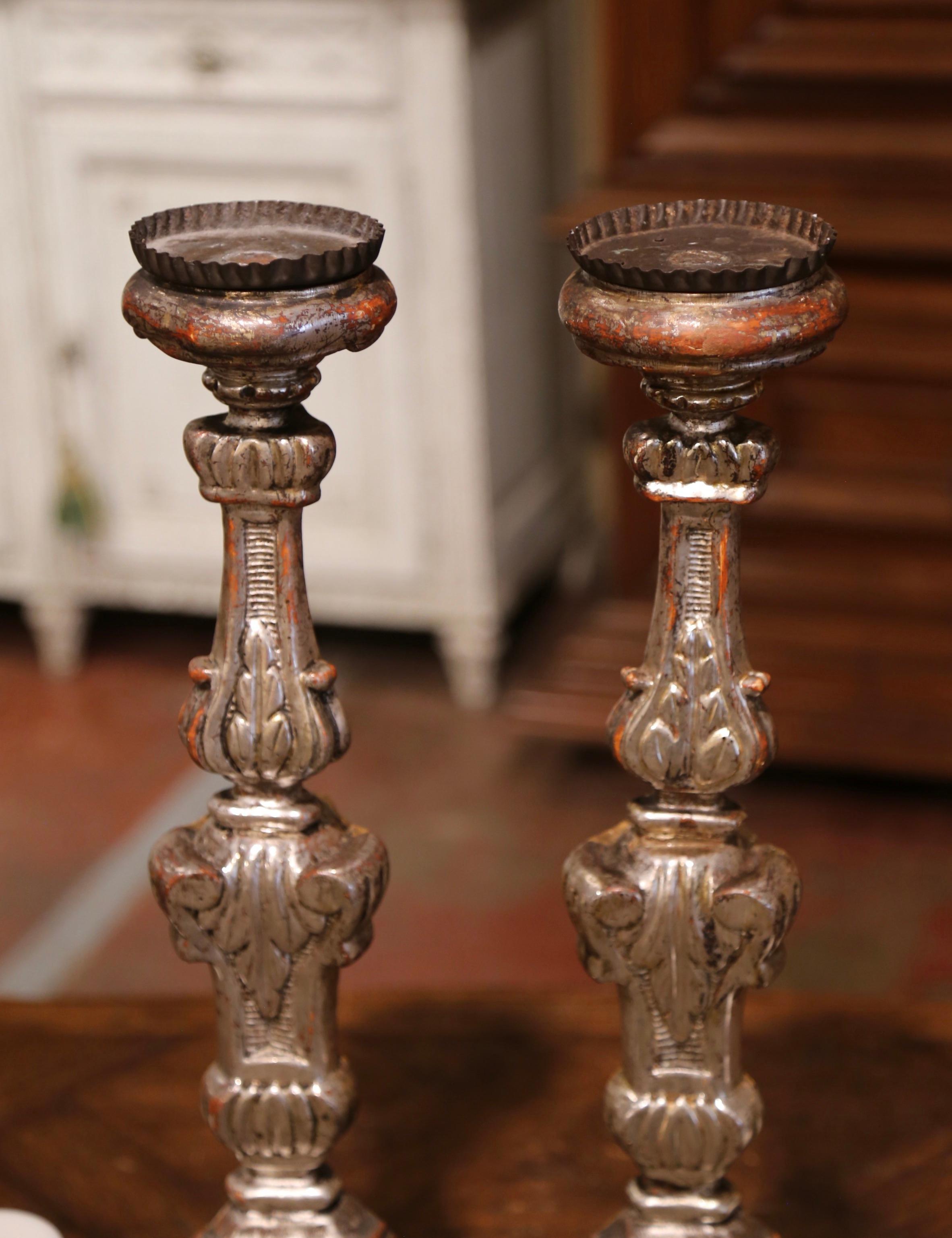 Pair of 19th Century Italian Carved Silver Leaf Candle Holders 4