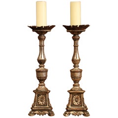 Pair of 19th Century Italian Carved Silverleaf Prickets Candle Holders