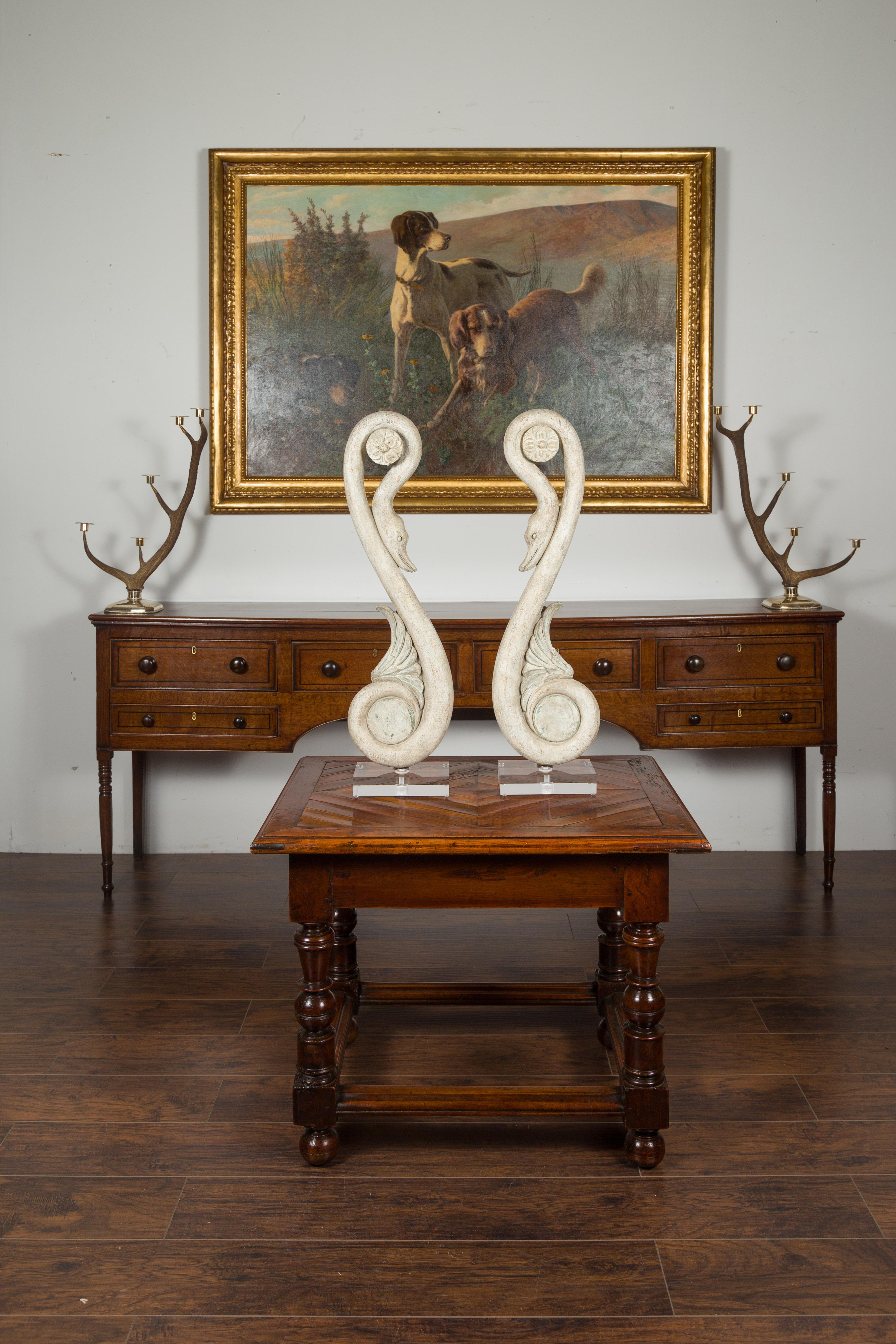 Pair of 19th Century Italian Carved Swan Fragments Mounted on Custom Lucite In Good Condition For Sale In Atlanta, GA