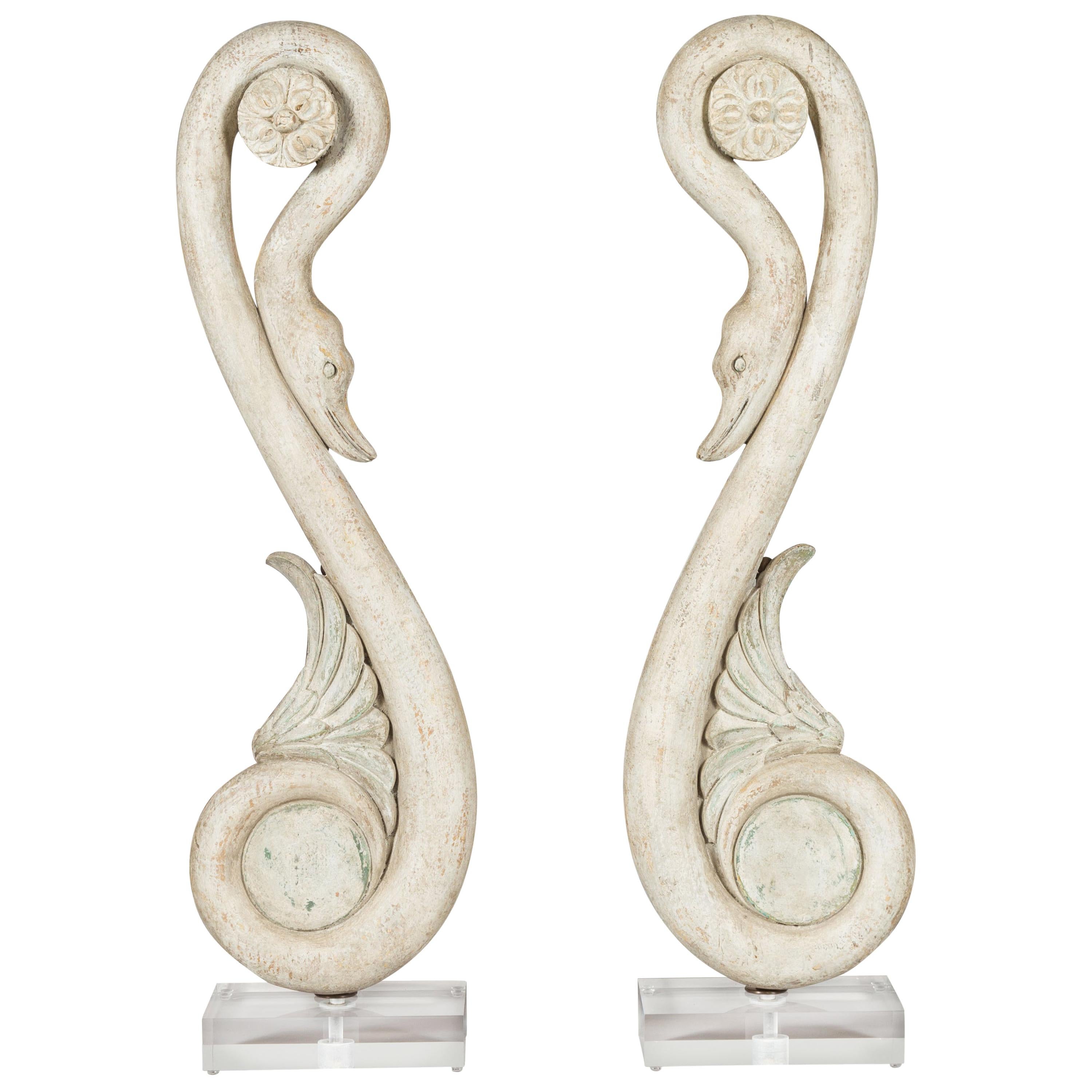 Pair of 19th Century Italian Carved Swan Fragments Mounted on Custom Lucite For Sale