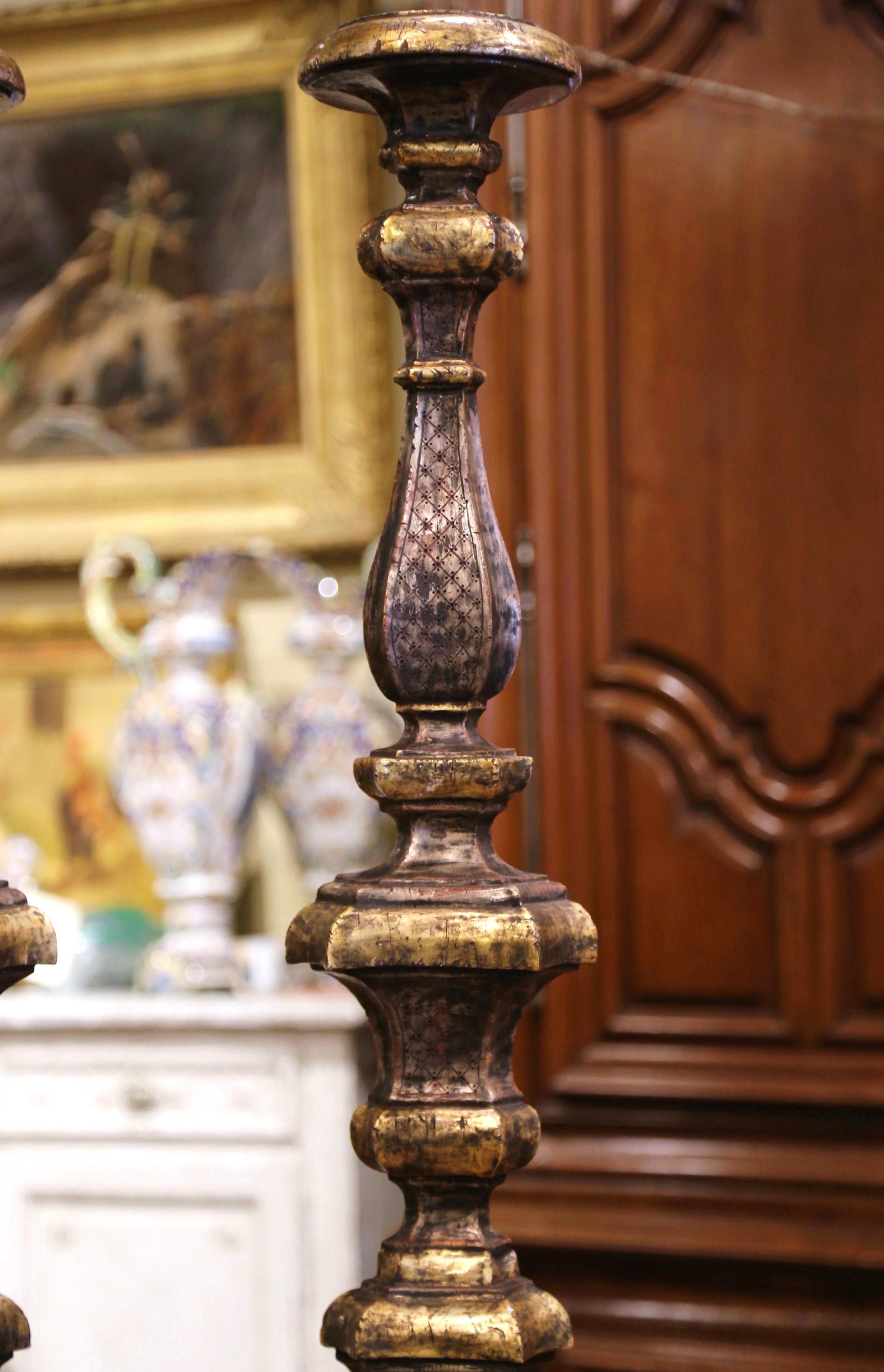 Pair of 19th Century Italian Carved Two-Tone Giltwood Cathedral Candlesticks 2