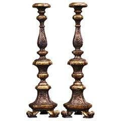 Pair of 19th Century Italian Carved Two-Tone Giltwood Cathedral Candlesticks
