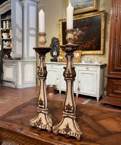 Pair of Italian 19th Century Carved Polychrome Two-Toned Wooden Candlesticks