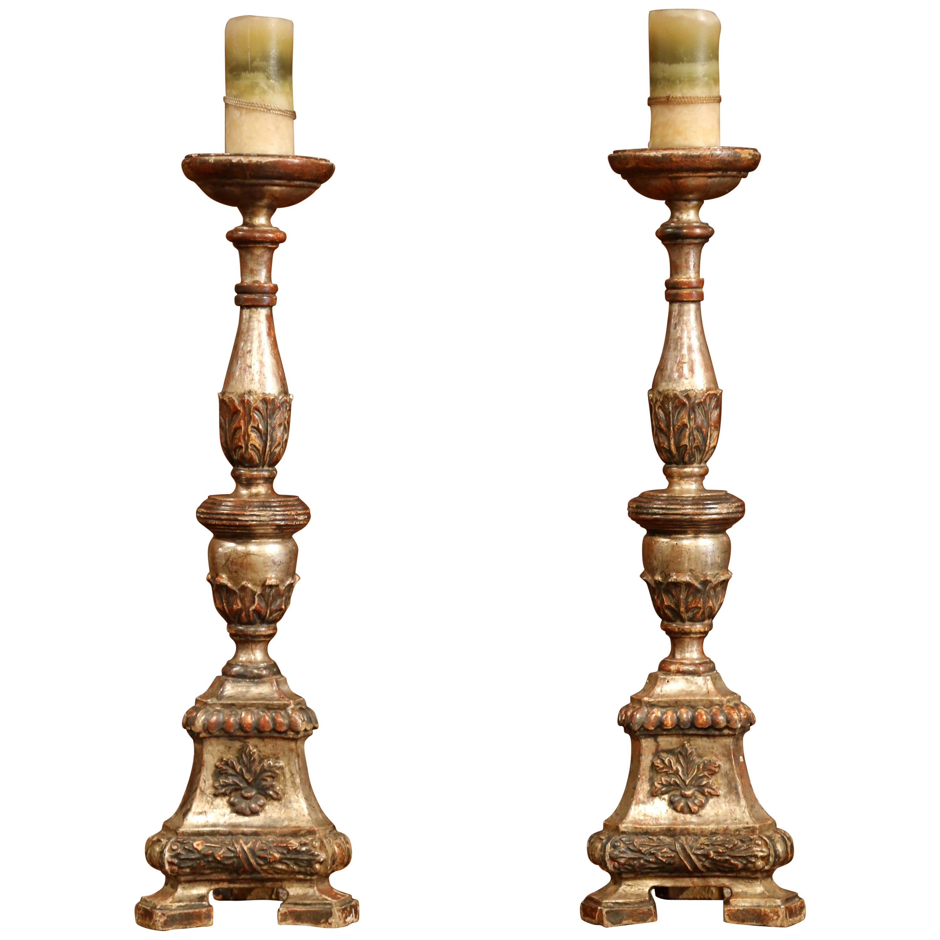 Pair of 19th Century Italian Carved Two-Tone Silver Leaf Candlesticks Prickets