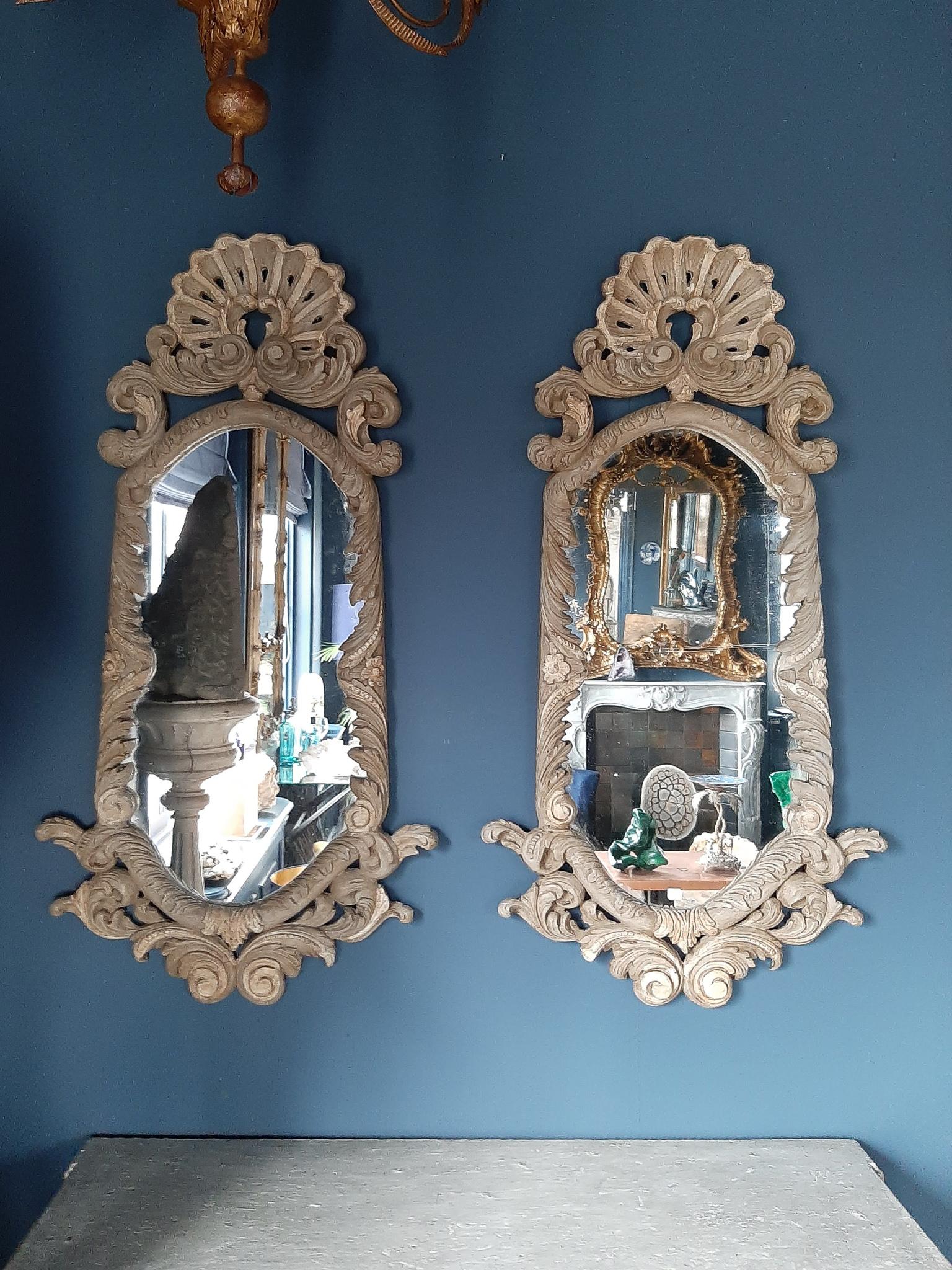 Pair of 19th Century Italian Carved Wood Mirrors with a Light Green Gray Patina 6