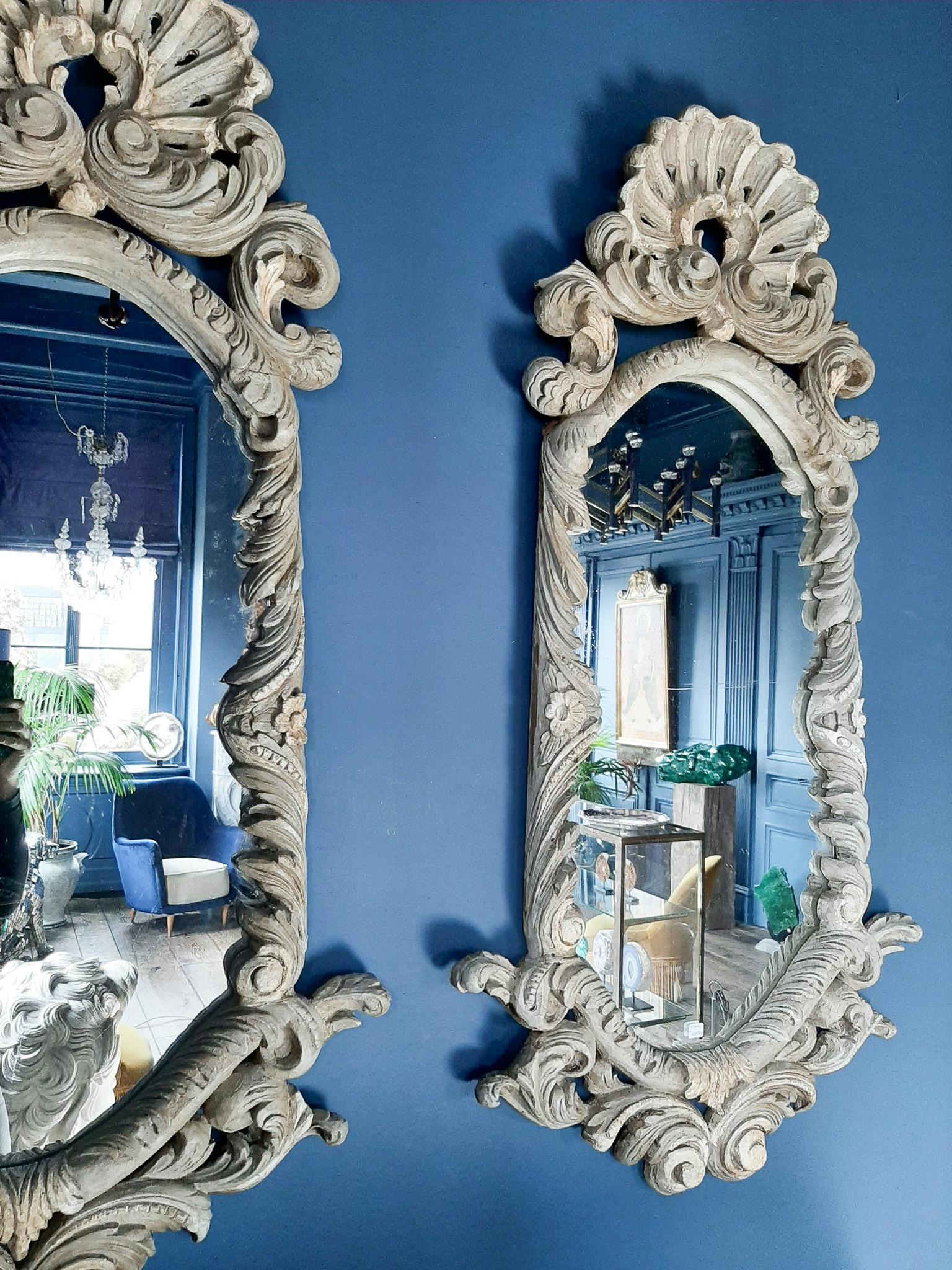 Pair of 19th Century Italian Carved Wood Mirrors with a Light Green Gray Patina 7